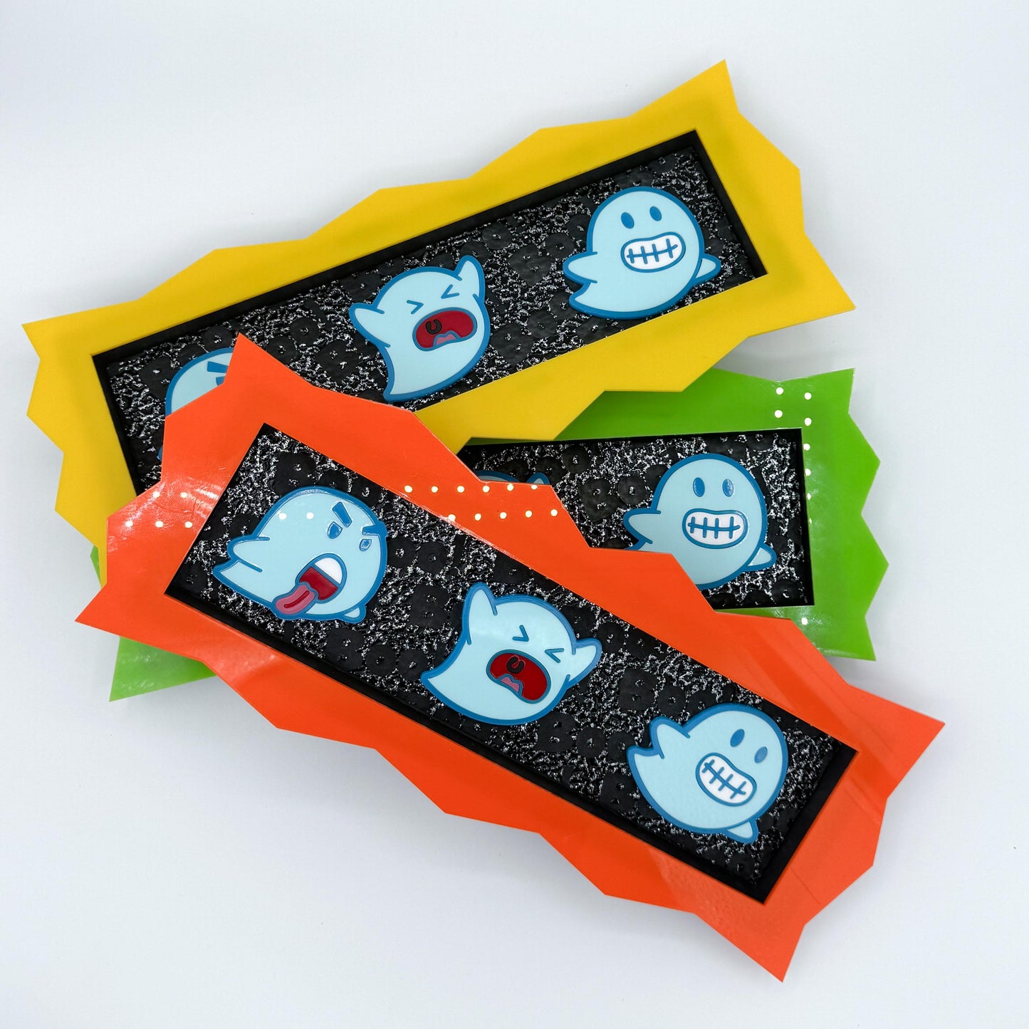 Ghost Trio Hanging Wall Art with Yellow Frame — cute and goofy, Spooky and Spoopy Halloween decor. Boo!