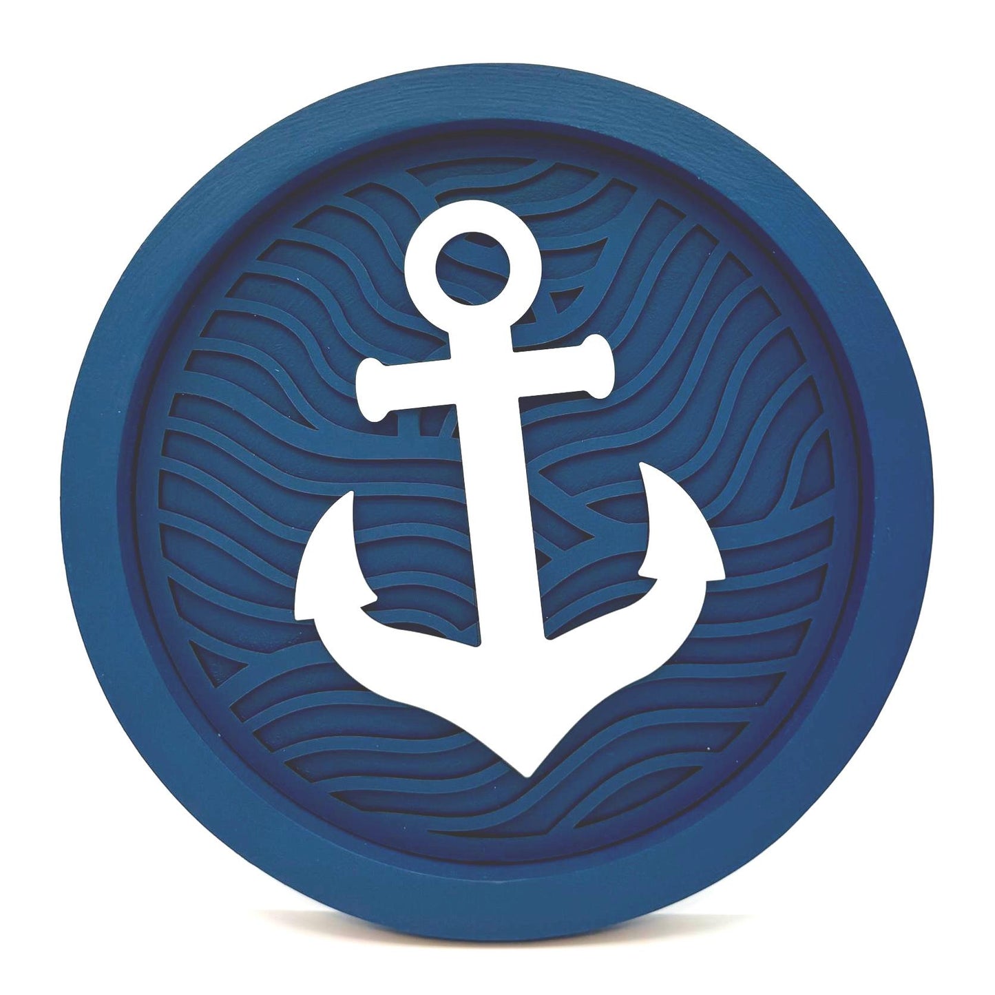 Anchor Wave Wall Art (12 inch round Navy Blue and white) Decor for a nautical home cape cod or coastal.