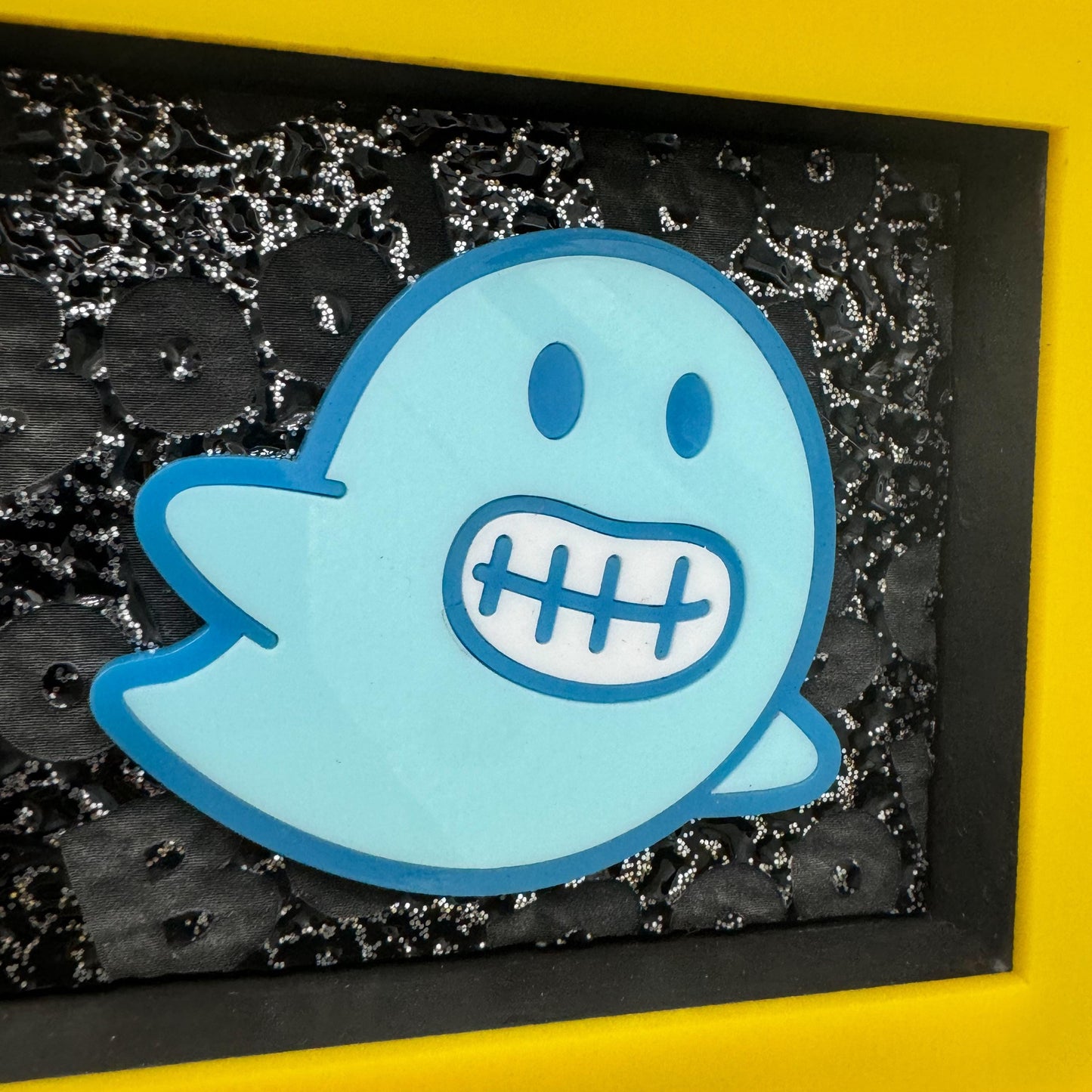 Ghost Trio Hanging Wall Art with Yellow Frame — cute and goofy, Spooky and Spoopy Halloween decor. Boo!