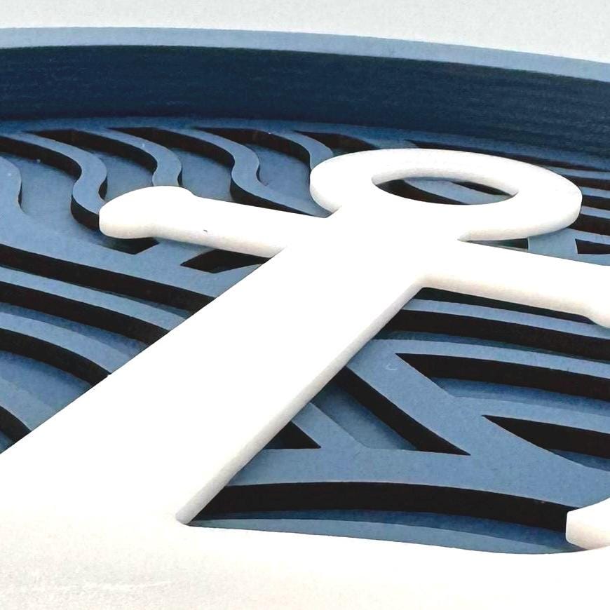 Anchor Wave Wall Art (12 inch round Navy Blue and white) Decor for a nautical home cape cod or coastal.