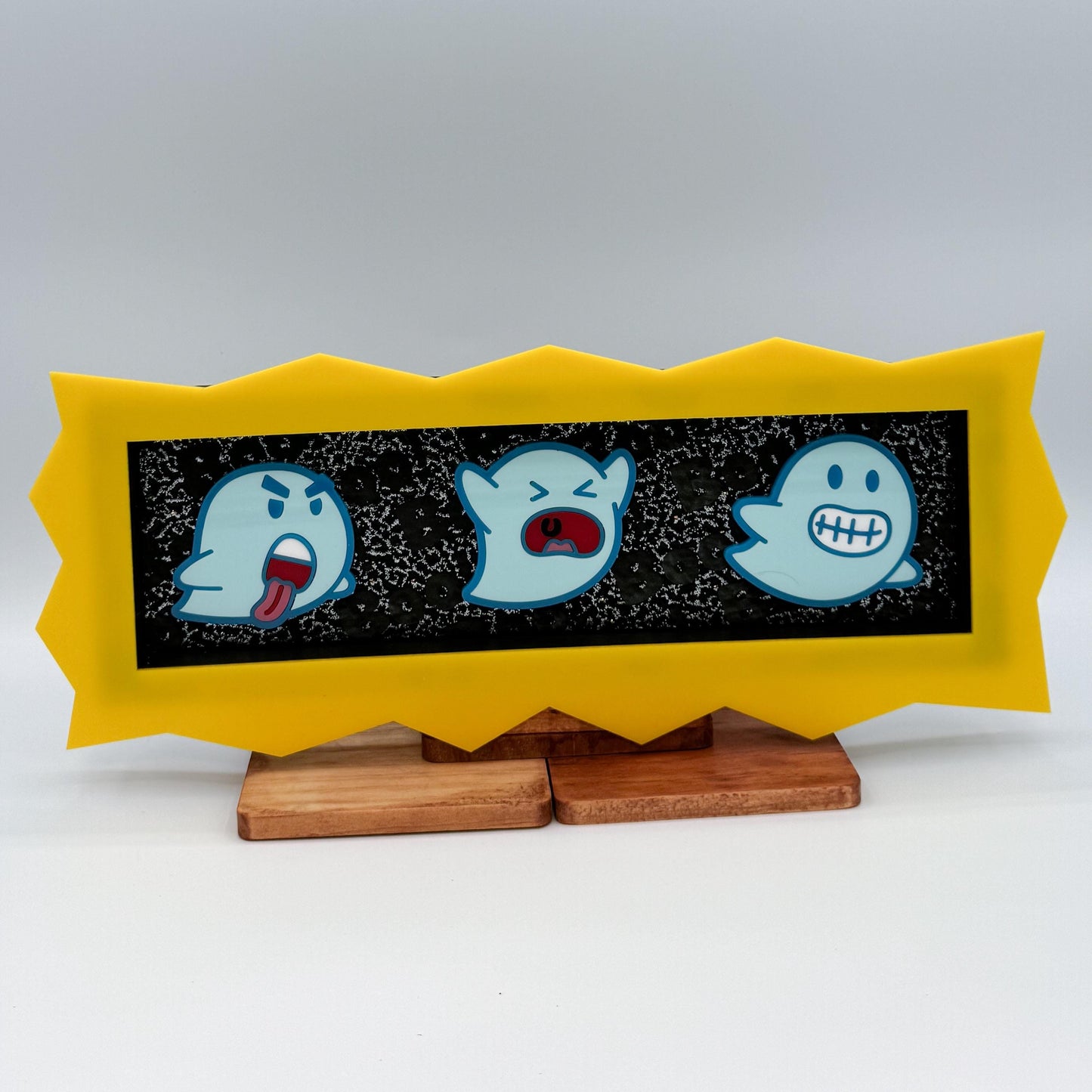 Ghost Trio Hanging Wall Art with Yellow Frame — cute and goofy, Spooky and Spoopy Halloween decor. Boo!
