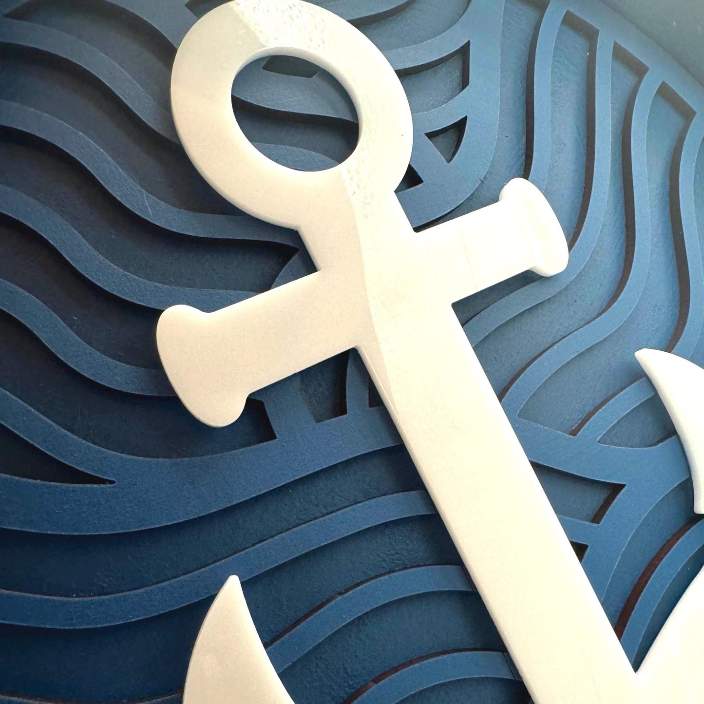 Anchor Wave Wall Art (12 inch round Navy Blue and white) Decor for a nautical home cape cod or coastal.