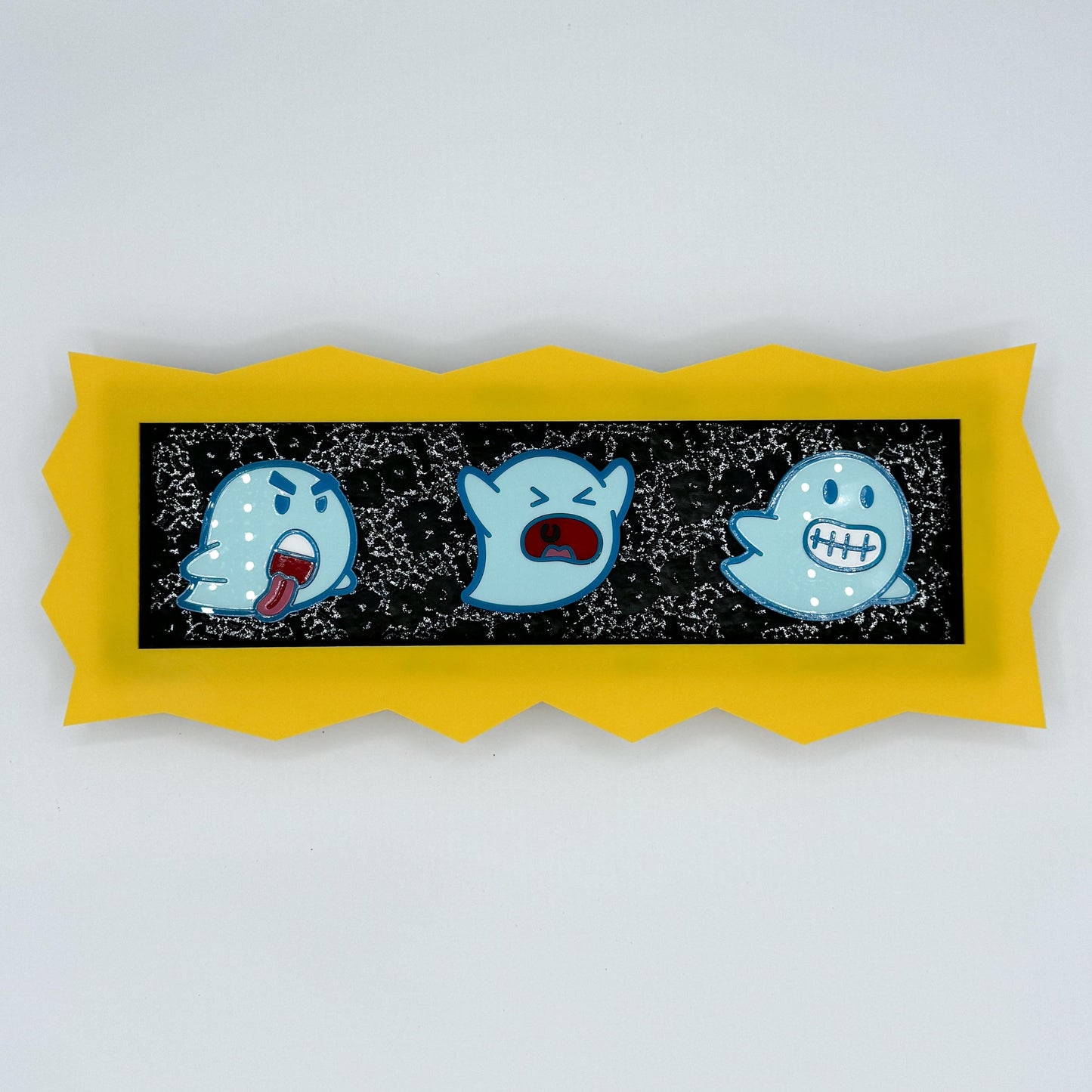 Ghost Trio Hanging Wall Art with Yellow Frame — cute and goofy, Spooky and Spoopy Halloween decor. Boo!
