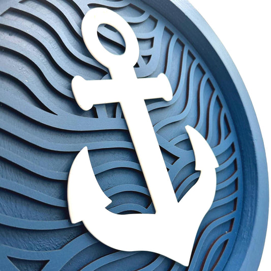 Anchor Wave Wall Art (12 inch round Navy Blue and white) Decor for a nautical home cape cod or coastal.
