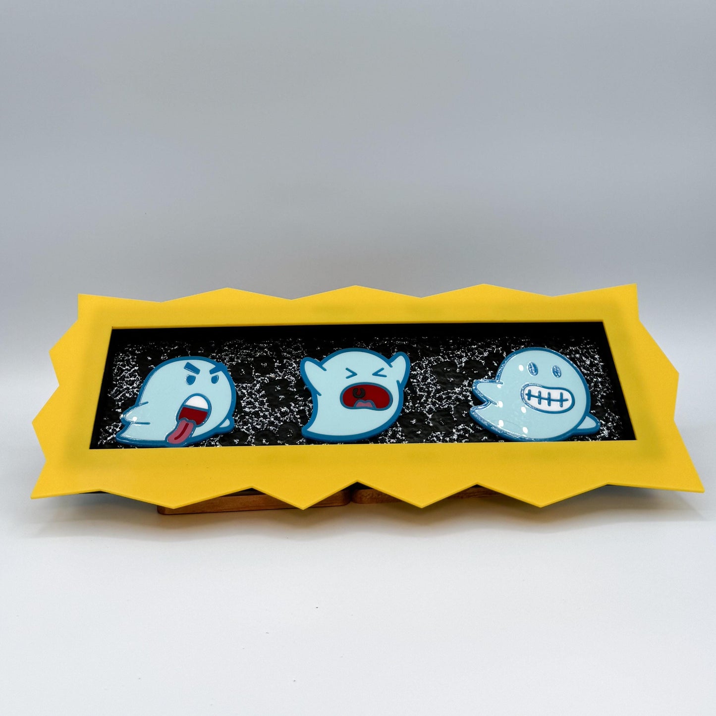 Ghost Trio Hanging Wall Art with Yellow Frame — cute and goofy, Spooky and Spoopy Halloween decor. Boo!