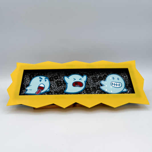 Ghost Trio Hanging Wall Art with Yellow Frame — cute and goofy, Spooky and Spoopy Halloween decor. Boo!