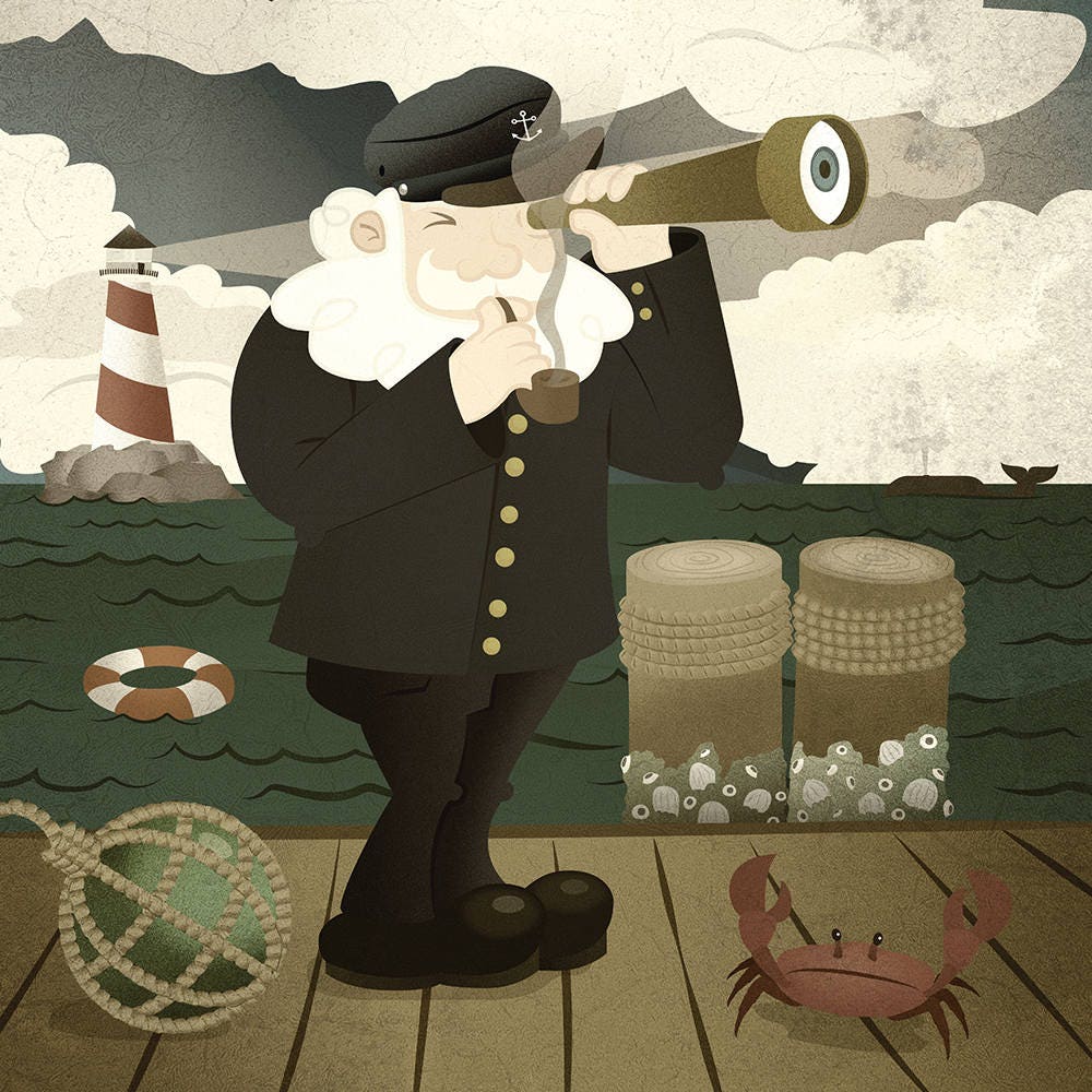 Sea Captain Print Set (8 in x 8 in digital prints, Frame not included) Ocean decor, sea room decor, Ocean lovers gift
