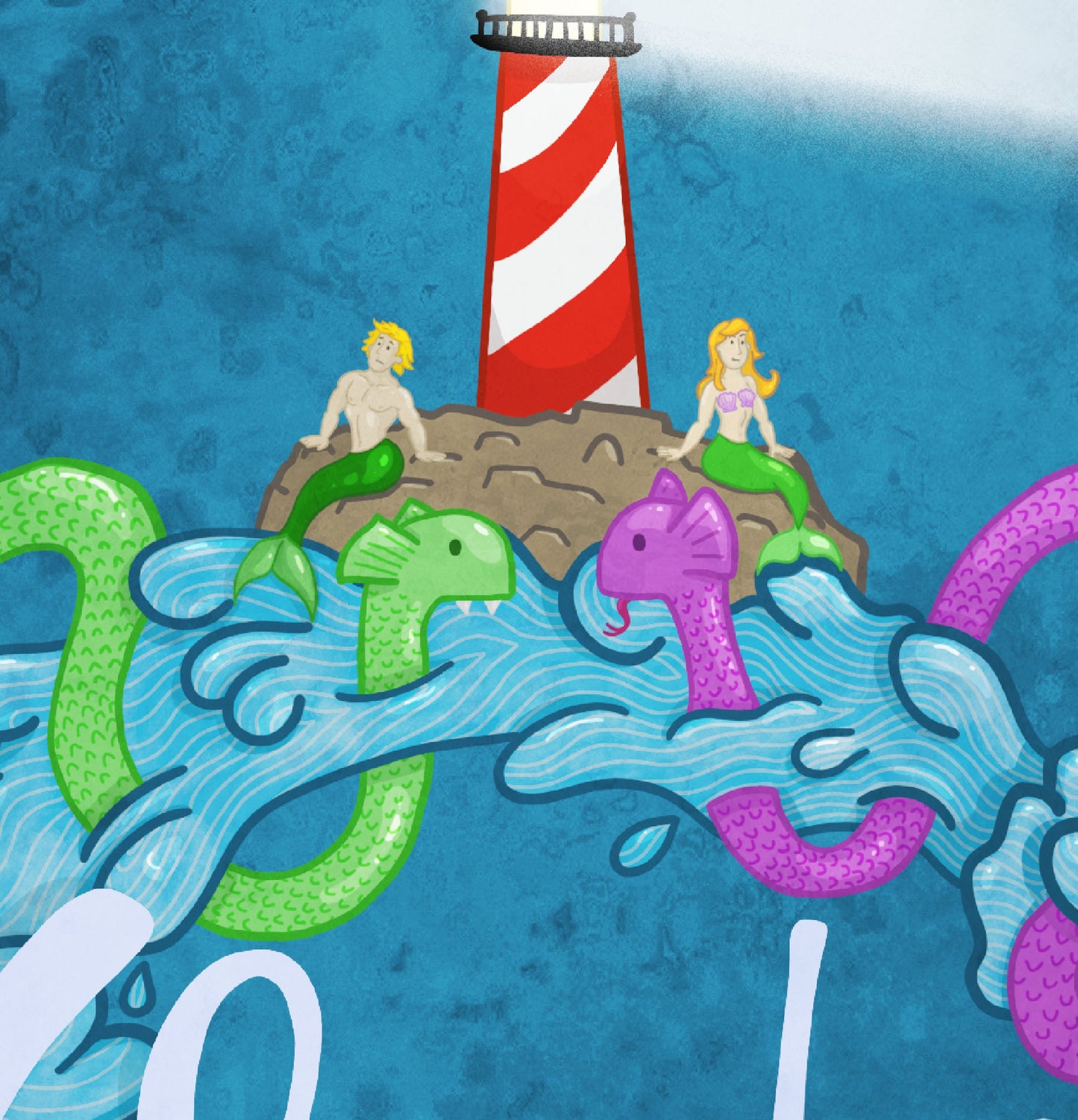Under The Sea — 8 × 10 in Illustrated digital print (No frame) / Nautical Theme Print / Ocean Decor with mermaids, sea monsters, lighthouse