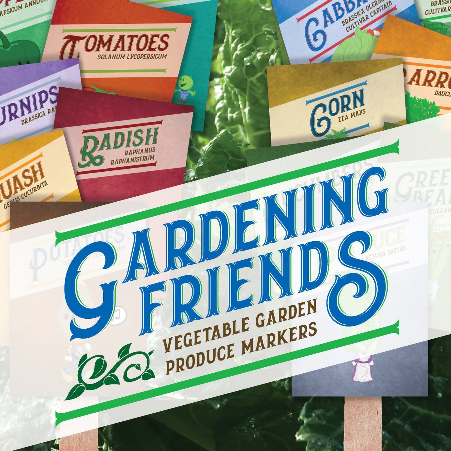 Vegetable Garden Plant Marker Set (16 Weatherproof illustrated marker characters) Great gift for gardeners, green thumbs, moms, dads