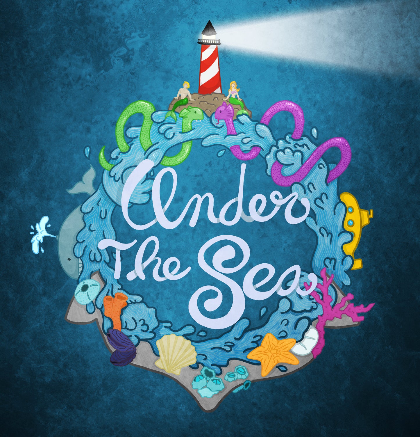 Under The Sea — 8 × 10 in Illustrated digital print (No frame) / Nautical Theme Print / Ocean Decor with mermaids, sea monsters, lighthouse