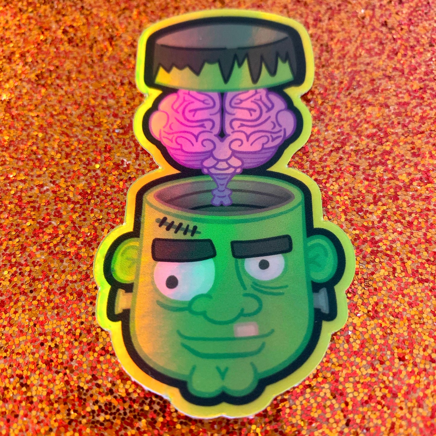 Halloween Decal Sticker Frankenstein Monster on holographic foil (1.66 inch × 3 inch) for hydroflask water bottle, laptop, car window, gift
