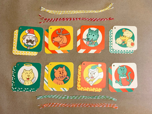 16 Gift Tag Set with Cats and Dogs Christmas Holiday Pet Theme (2.5 x 2.5 inch)