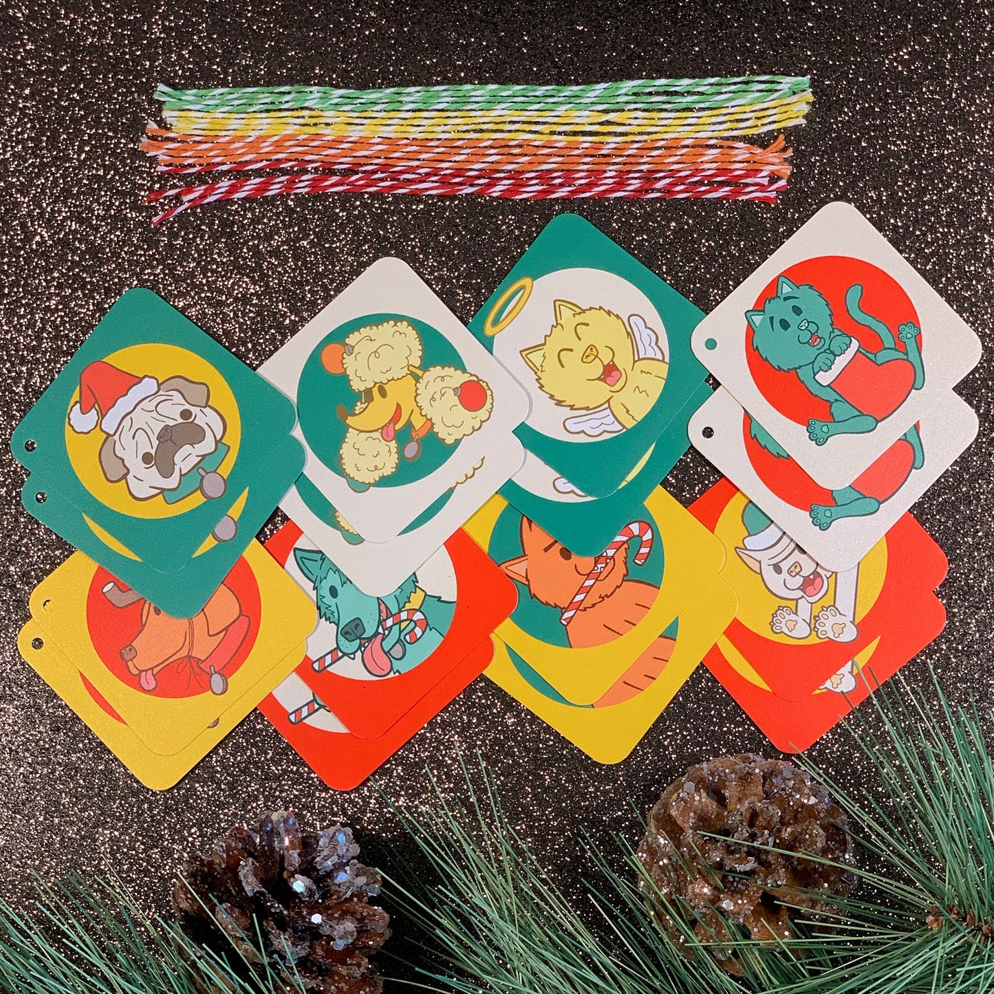 16 Gift Tag Set with Cats and Dogs Christmas Holiday Pet Theme (2.5 x 2.5 inch)