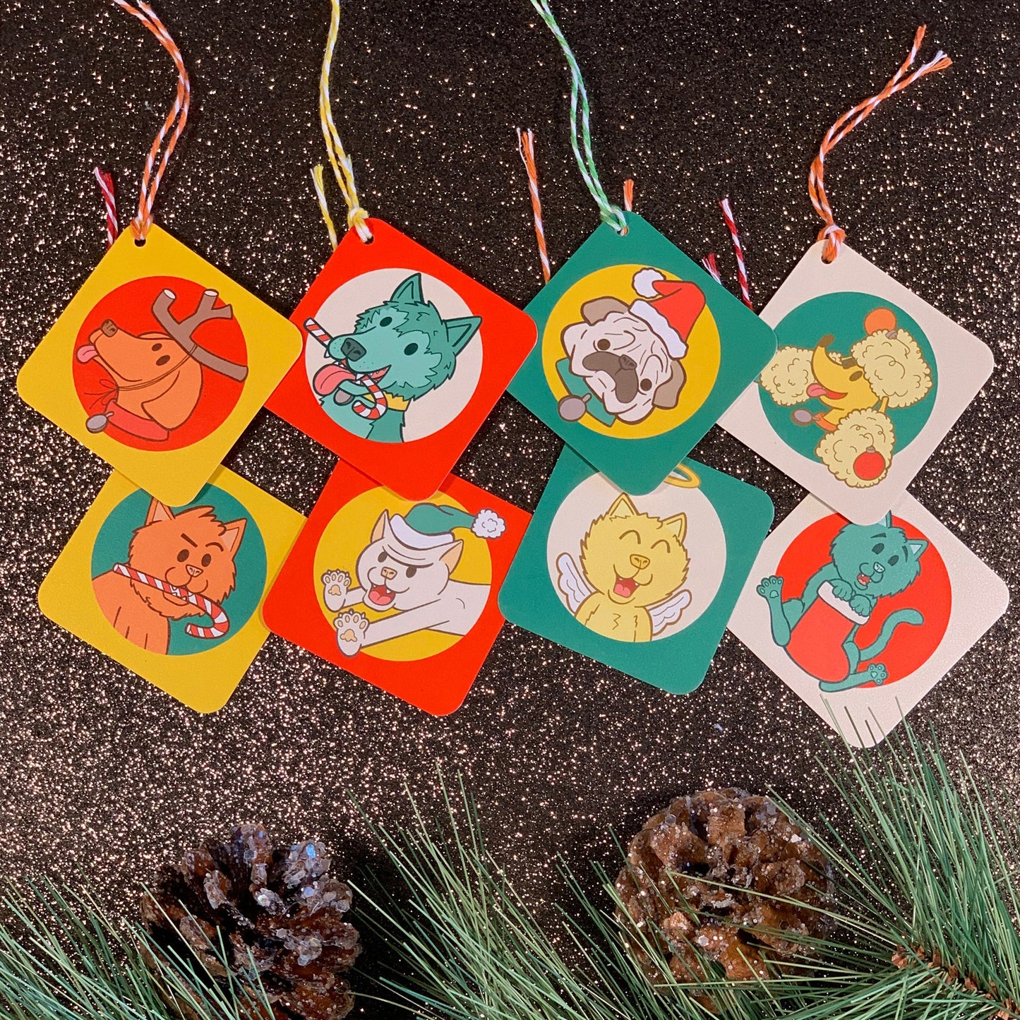 8 Gift Tag Set with Cats and Dogs Christmas Holiday Pet Theme (2.5 x 2.5 inch)
