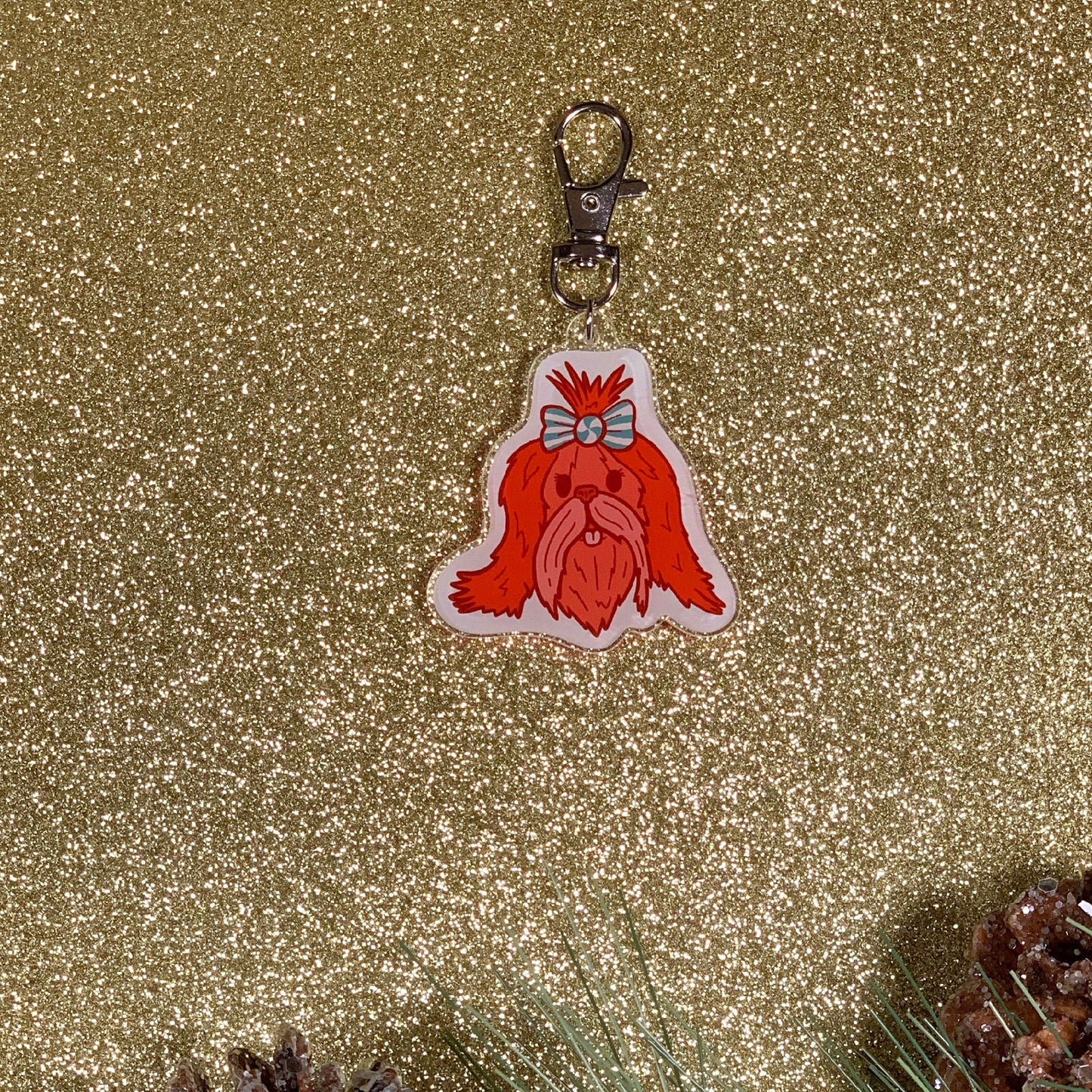Holiday Dog Charm. Cute for Maltese or Lahsa Apso pup. Clip On Accessory (2 x 2 Inch “Peppermint The Christmas Dog”) Great Stocking Stuffer!