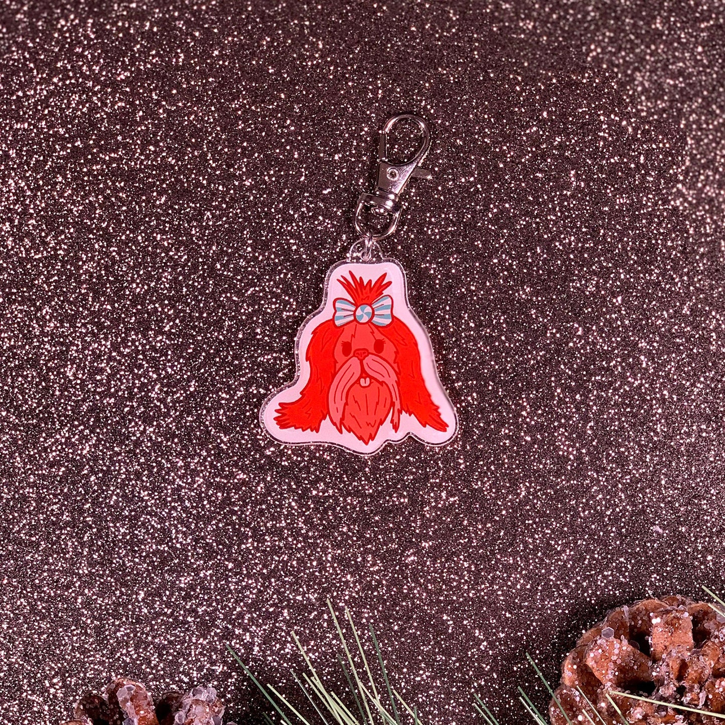 Holiday Dog Charm. Cute for Maltese or Lahsa Apso pup. Clip On Accessory (2 x 2 Inch “Peppermint The Christmas Dog”) Great Stocking Stuffer!