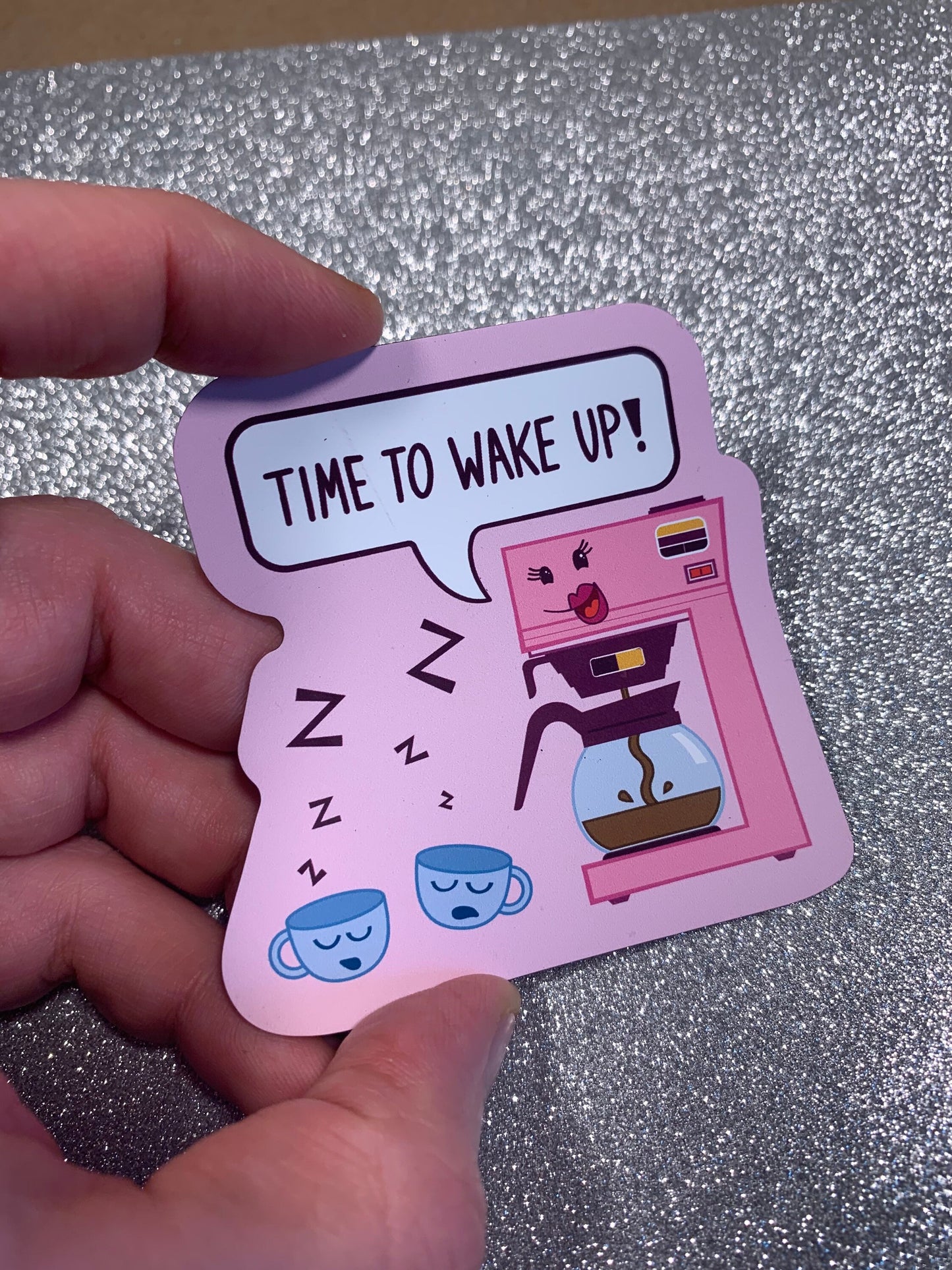 Refrigerator Magnet (3 inch × 2.98 inch) Time to Wake Up Coffee Maker and cups