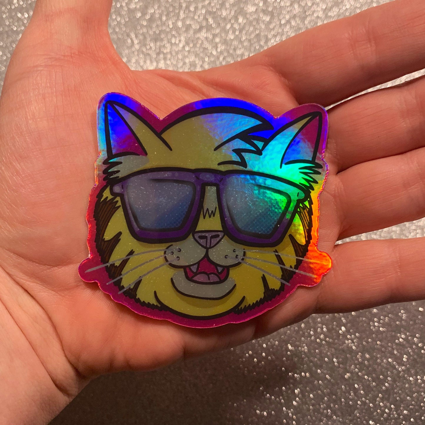 Cool Cat Sticker and Keychain (3 inch × 2.6 inch Sticker) 80’s 90’s Retro and Vaporwave accessories. Water bottle flask laptop decal