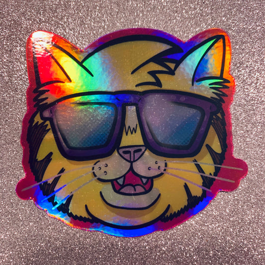 Cool Cat Sticker and Keychain (3 inch × 2.6 inch Sticker) 80’s 90’s Retro and Vaporwave accessories. Water bottle flask laptop decal