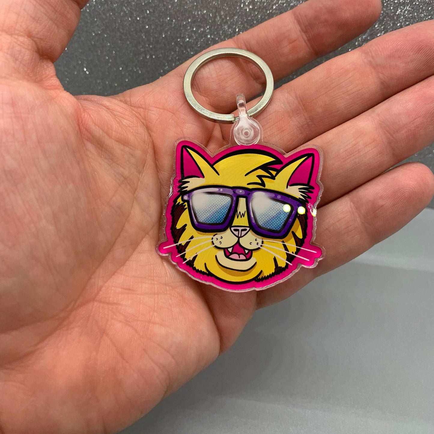 Cool Cat Sticker and Keychain (3 inch × 2.6 inch Sticker) 80’s 90’s Retro and Vaporwave accessories. Water bottle flask laptop decal