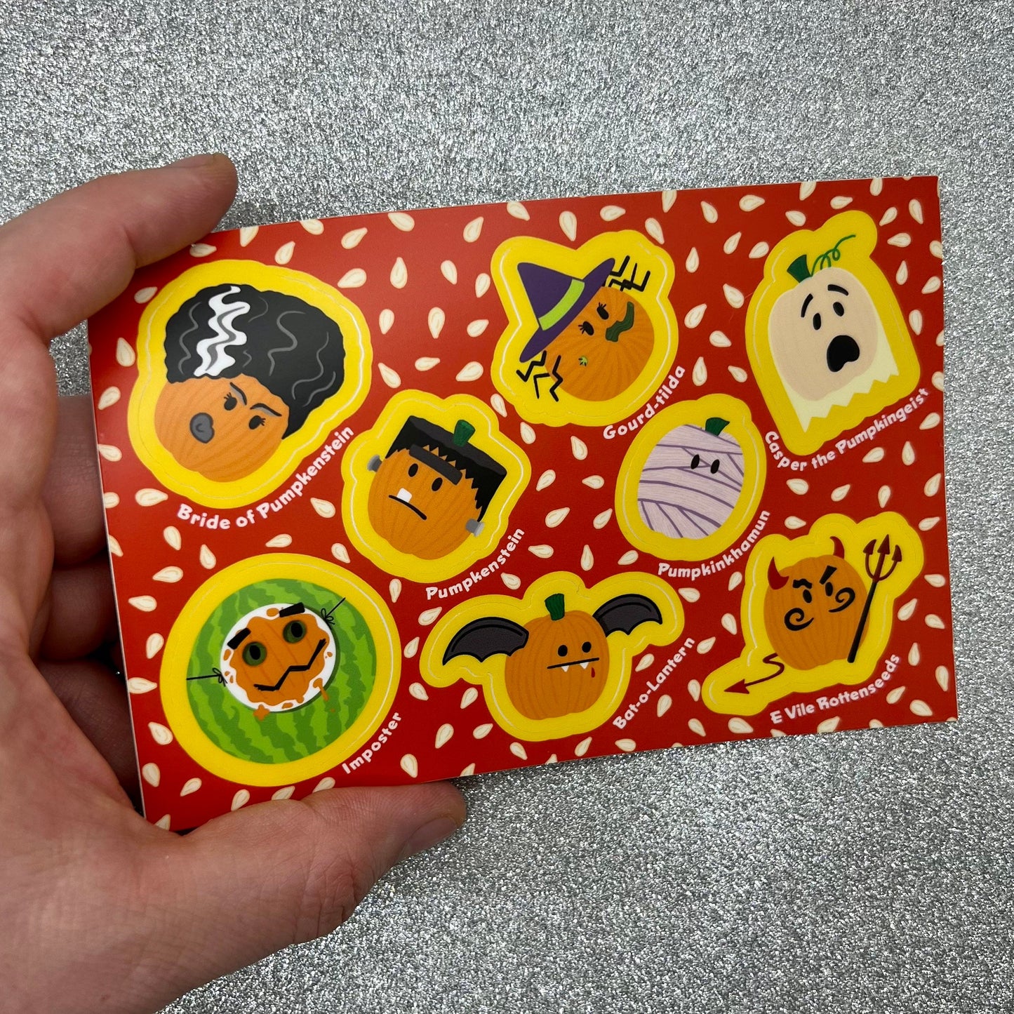 Pumpkins Sticker Sheet in Costumes (4” x 6”) witch, Frankenstein, bride, mummy, devil, bat and imposter