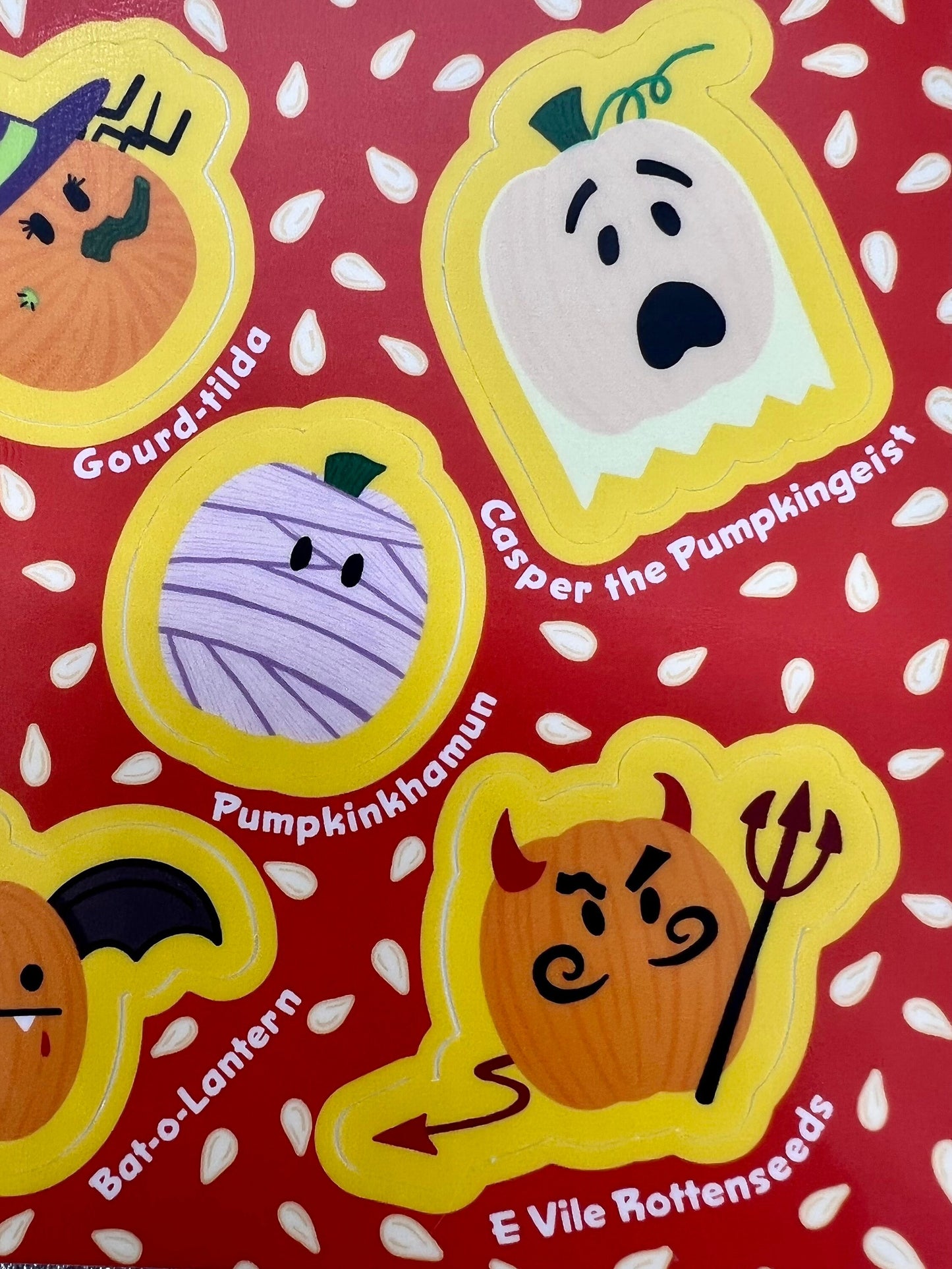 Pumpkins Sticker Sheet in Costumes (4” x 6”) witch, Frankenstein, bride, mummy, devil, bat and imposter