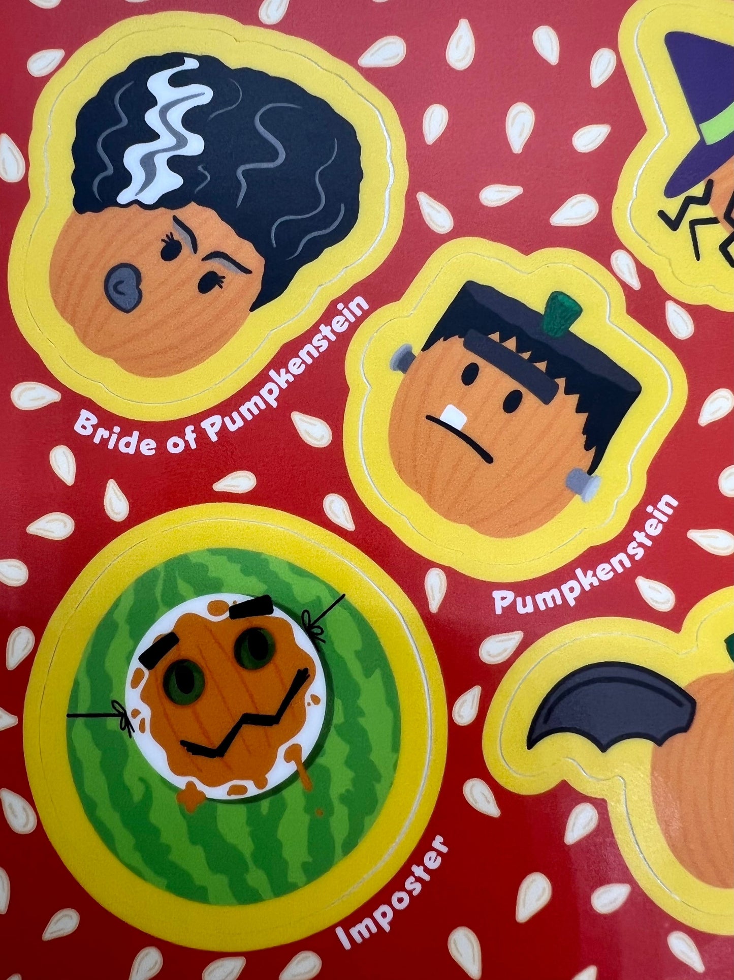 Pumpkins Sticker Sheet in Costumes (4” x 6”) witch, Frankenstein, bride, mummy, devil, bat and imposter