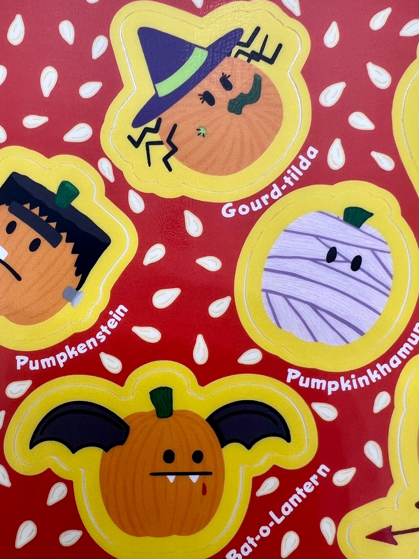 Pumpkins Sticker Sheet in Costumes (4” x 6”) witch, Frankenstein, bride, mummy, devil, bat and imposter