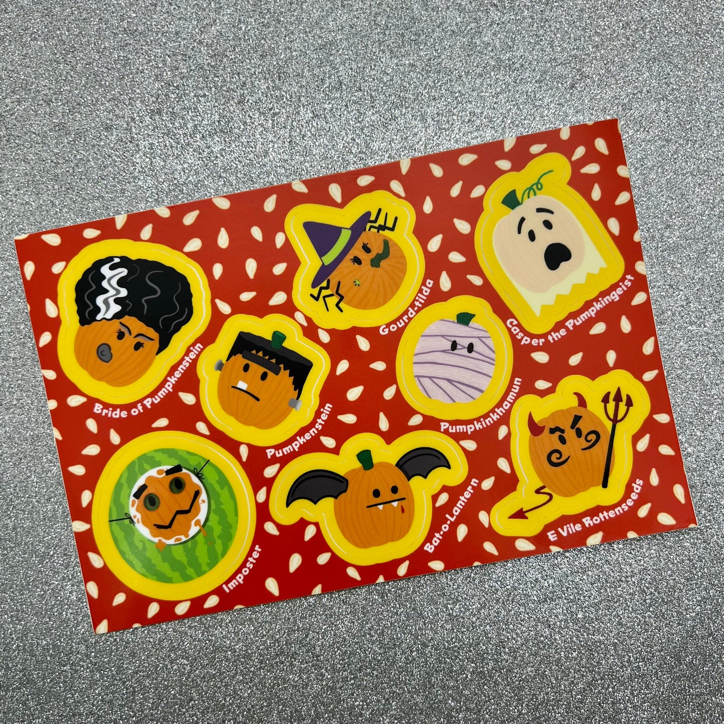 Pumpkins Sticker Sheet in Costumes (4” x 6”) witch, Frankenstein, bride, mummy, devil, bat and imposter