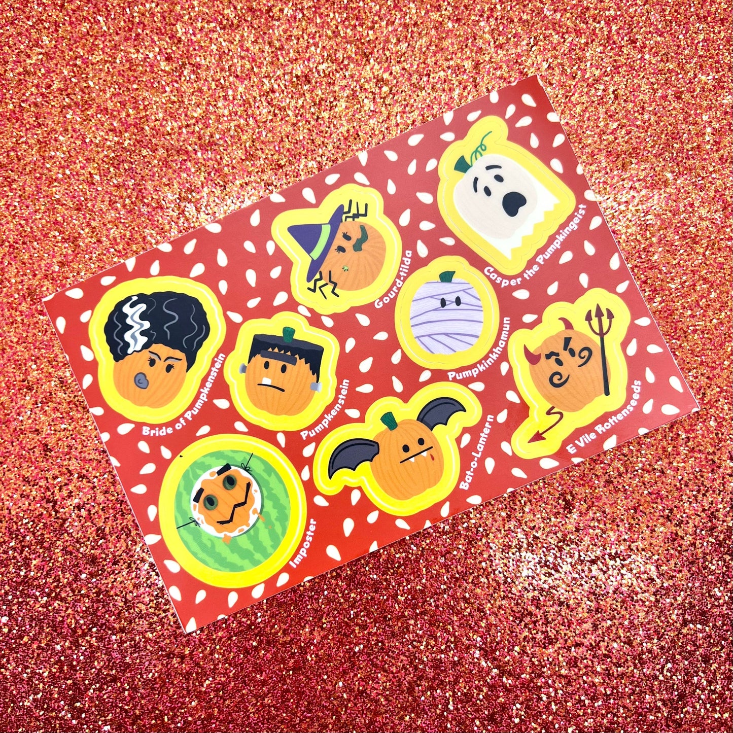Pumpkins Sticker Sheet in Costumes (4” x 6”) witch, Frankenstein, bride, mummy, devil, bat and imposter