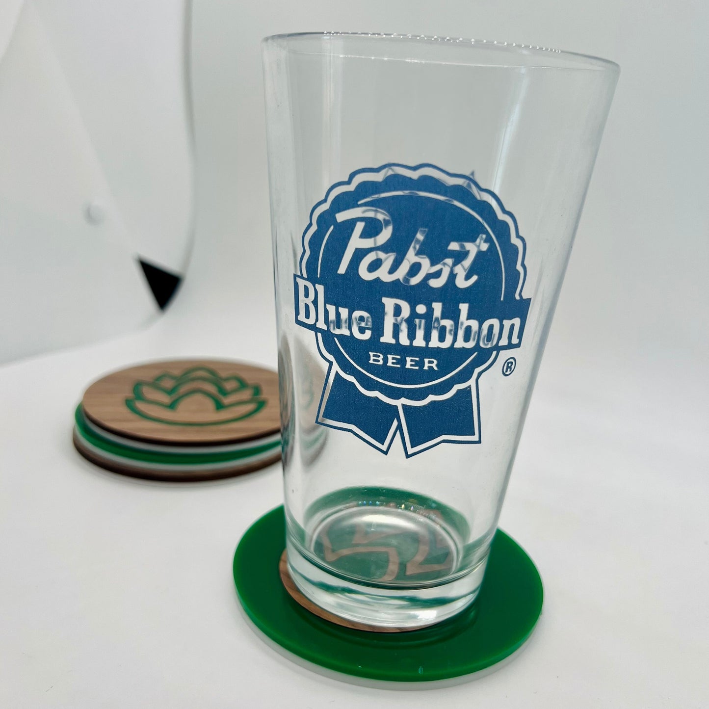 Beer Coaster Set (Four 3.75 inch round, laser cut Walnut plywood and acrylic coasters) Hops themed coasters for brewers, man cave, beer gift