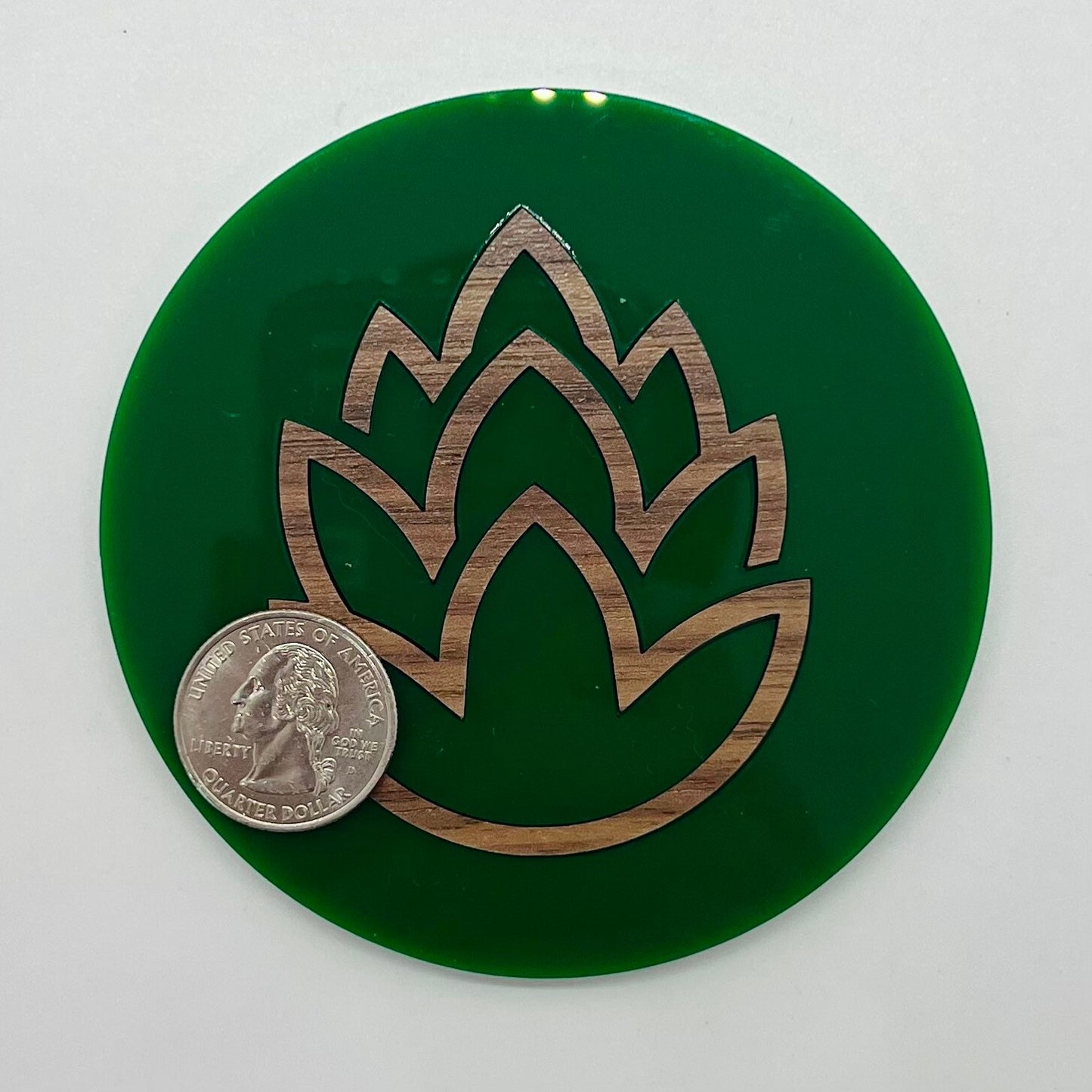 Beer Coaster Set (Four 3.75 inch round, laser cut Walnut plywood and acrylic coasters) Hops themed coasters for brewers, man cave, beer gift