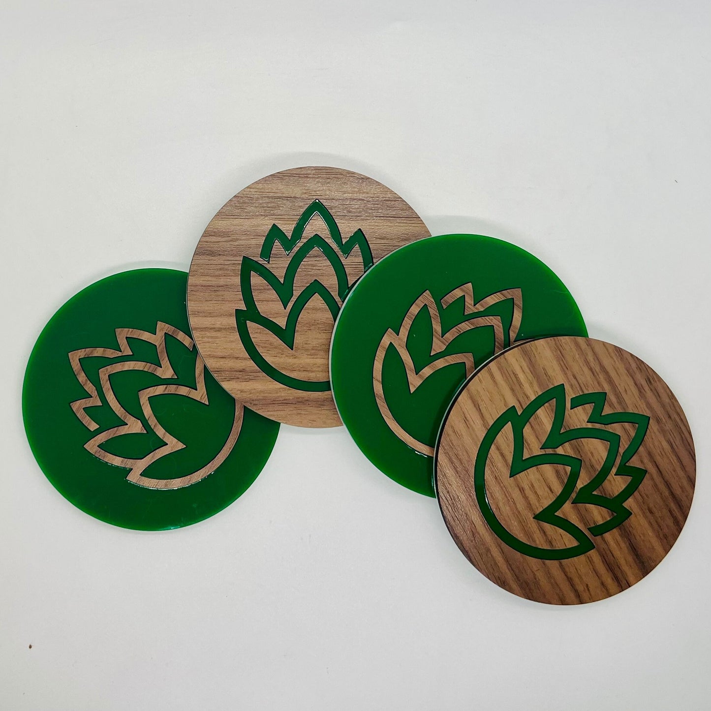 Beer Coaster Set (Four 3.75 inch round, laser cut Walnut plywood and acrylic coasters) Hops themed coasters for brewers, man cave, beer gift