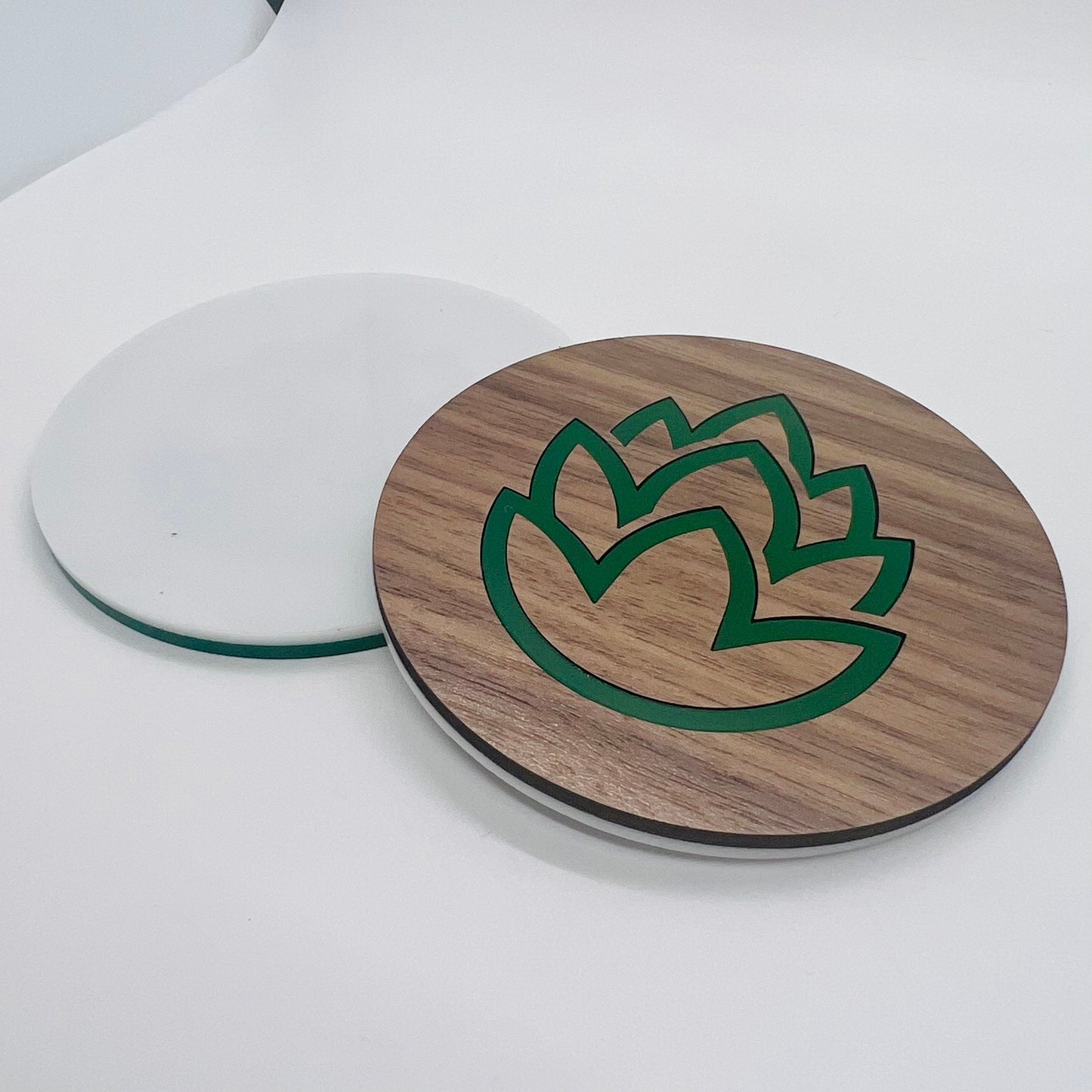 Beer Coaster Set (Four 3.75 inch round, laser cut Walnut plywood and acrylic coasters) Hops themed coasters for brewers, man cave, beer gift