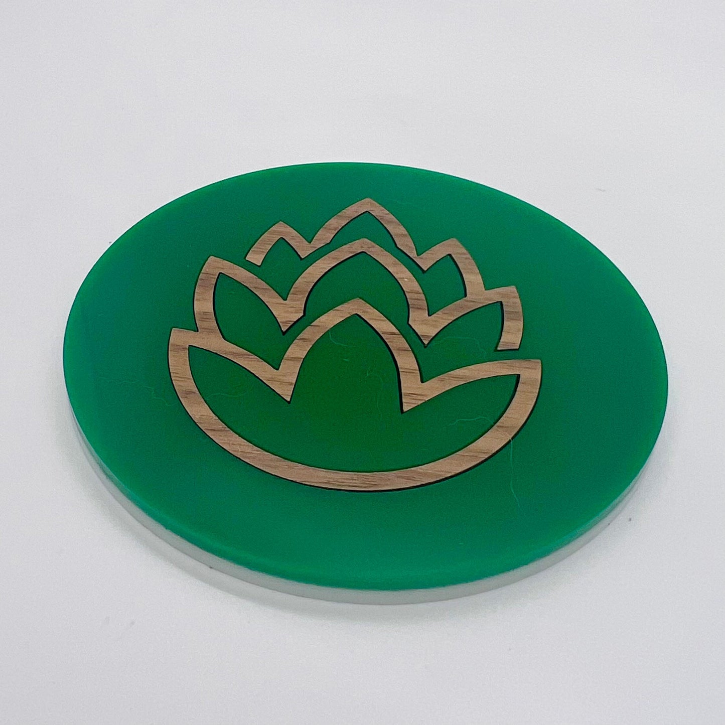 Beer Coaster Set (Four 3.75 inch round, laser cut Walnut plywood and acrylic coasters) Hops themed coasters for brewers, man cave, beer gift