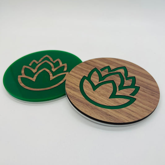 Beer Coaster Set (Four 3.75 inch round, laser cut Walnut plywood and acrylic coasters) Hops themed coasters for brewers, man cave, beer gift