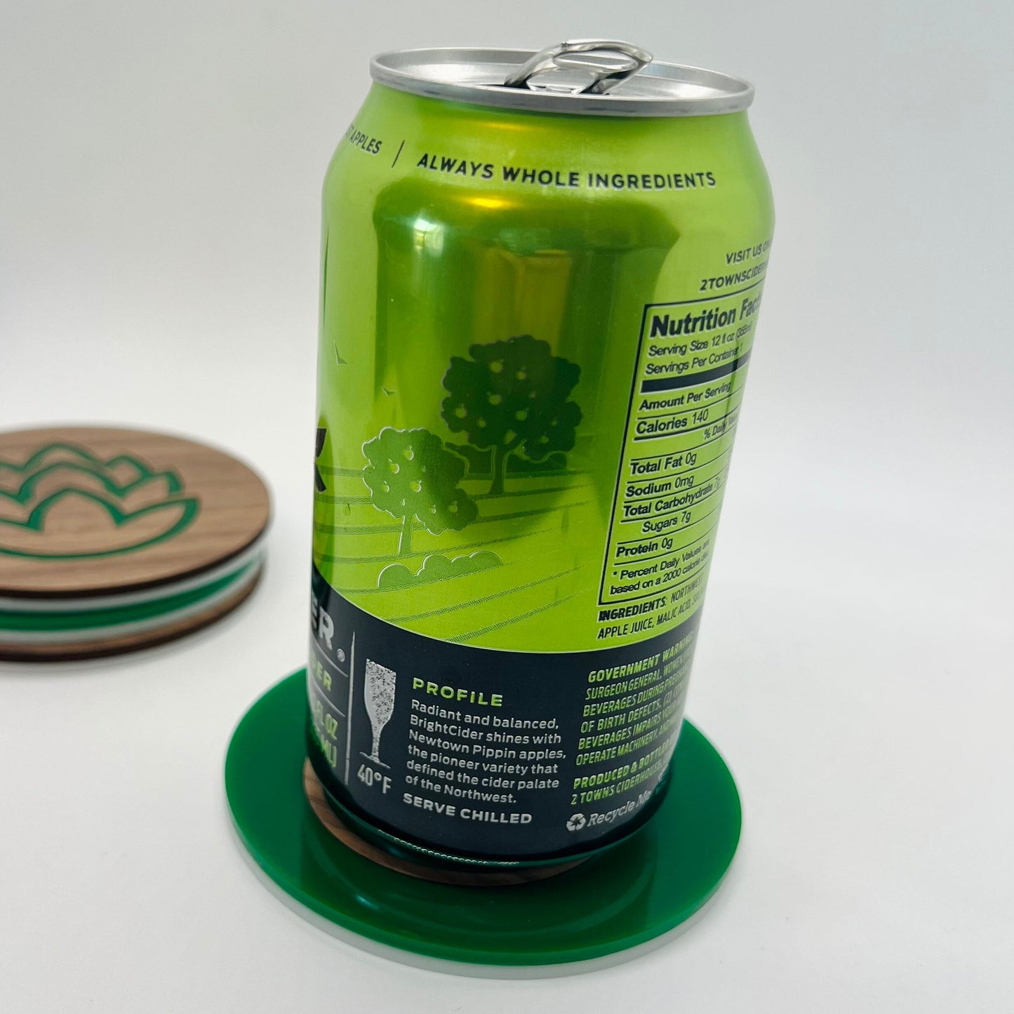 Beer Coaster Set (Four 3.75 inch round, laser cut Walnut plywood and acrylic coasters) Hops themed coasters for brewers, man cave, beer gift
