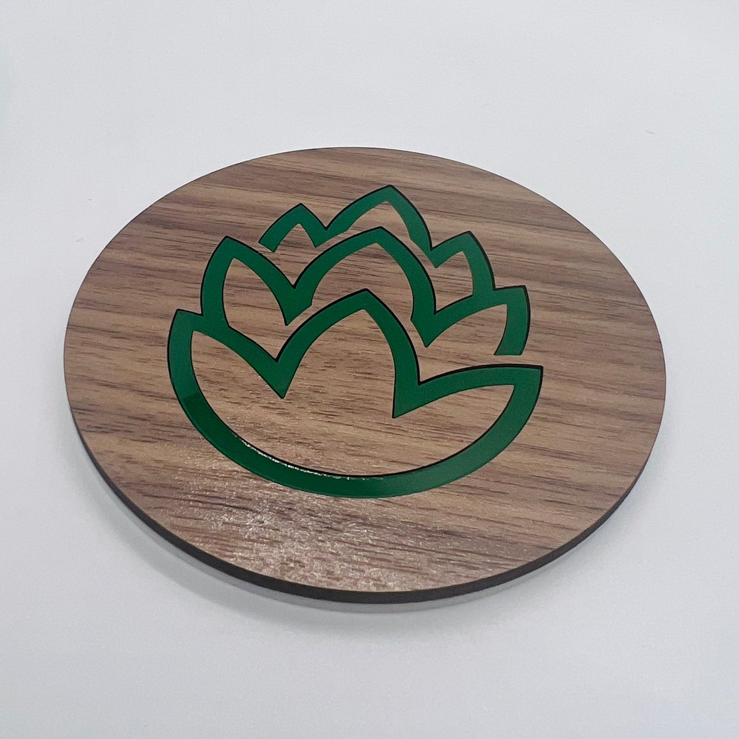 Beer Coaster Set (Four 3.75 inch round, laser cut Walnut plywood and acrylic coasters) Hops themed coasters for brewers, man cave, beer gift