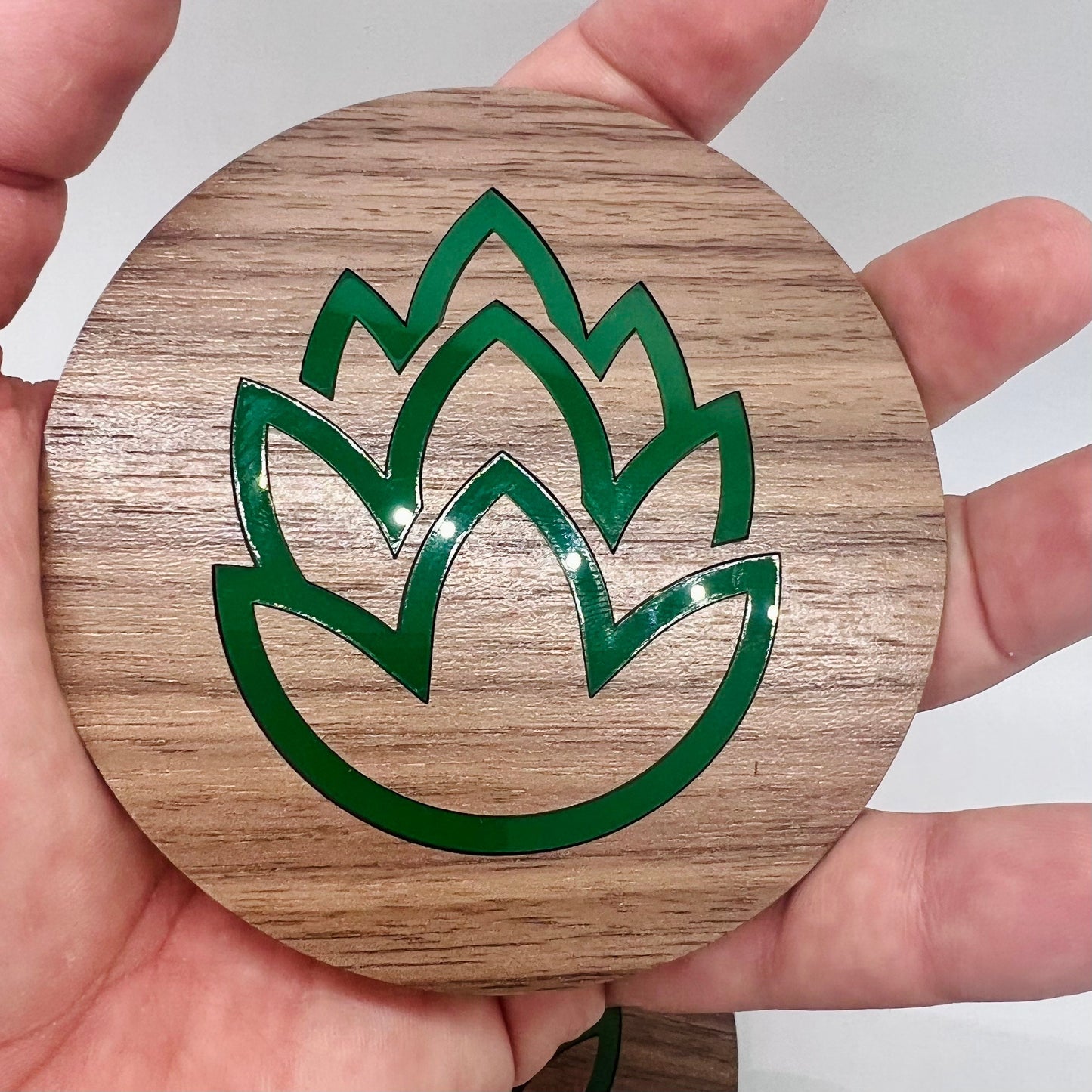 Beer Coaster Set (Four 3.75 inch round, laser cut Walnut plywood and acrylic coasters) Hops themed coasters for brewers, man cave, beer gift