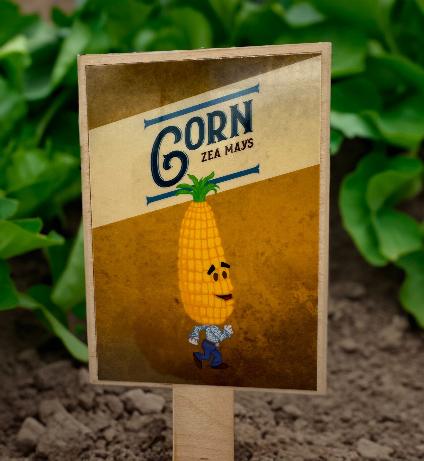 Corn man with a smile walking toward the right.