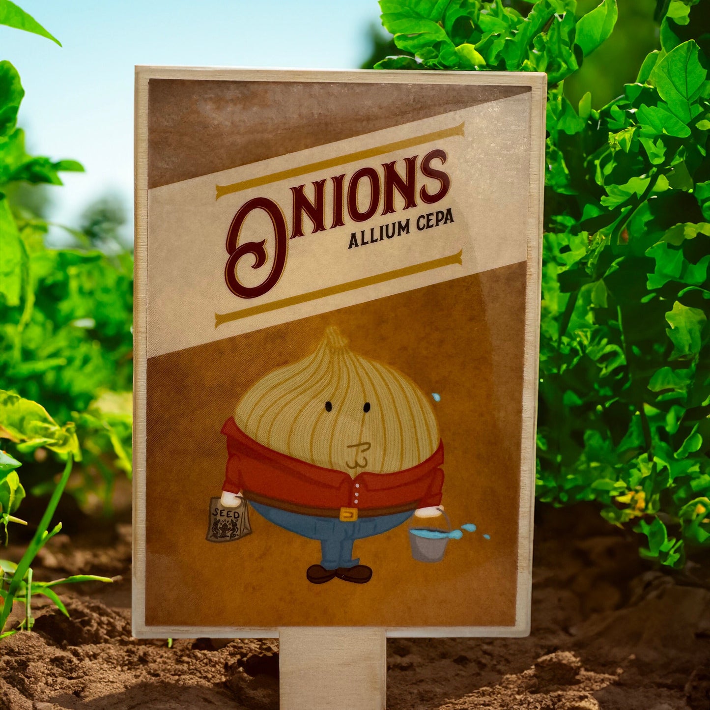 Onion character holding a bag of seeds and a bucket of water.