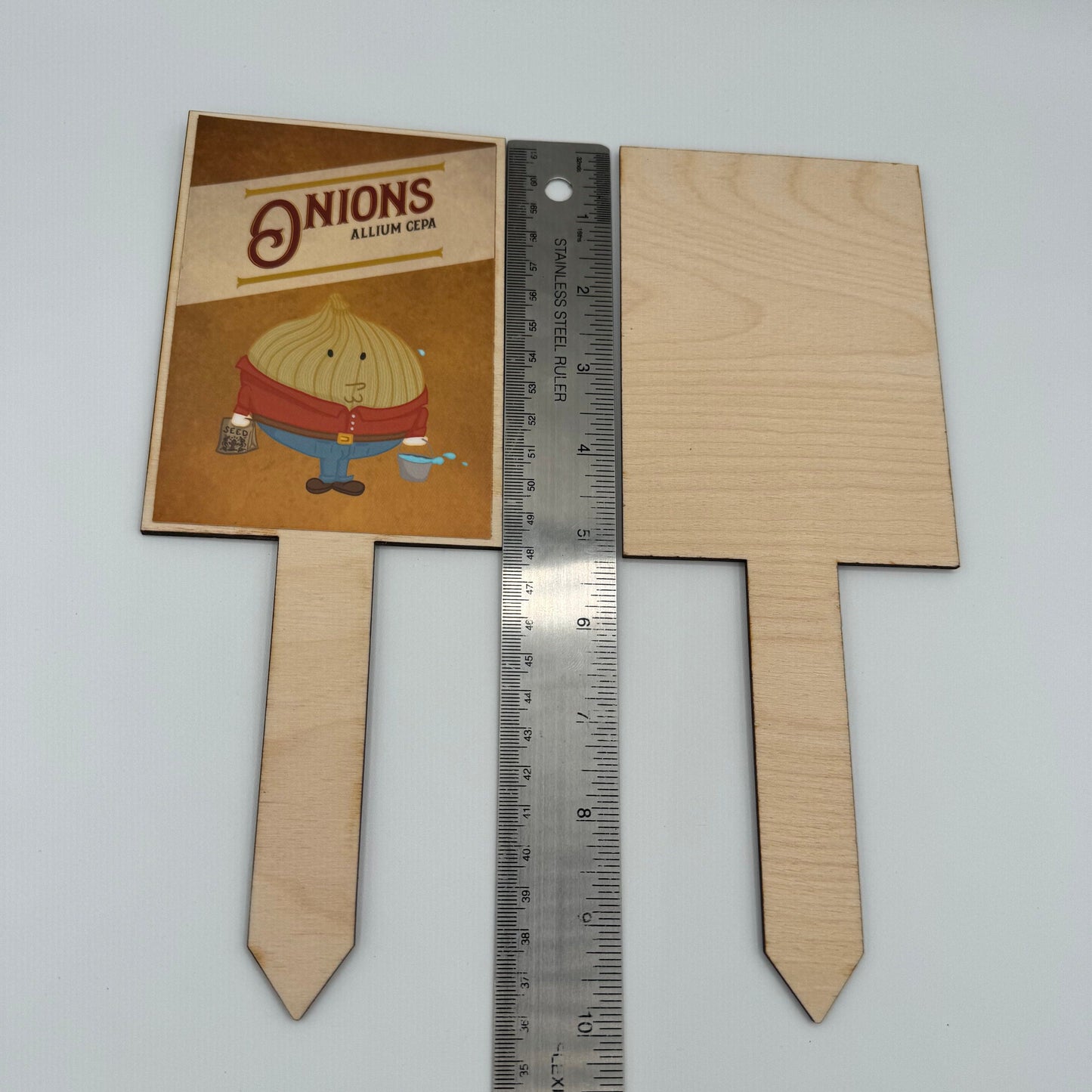 Ruler measuring height of garden stake (approximately 10 inches)