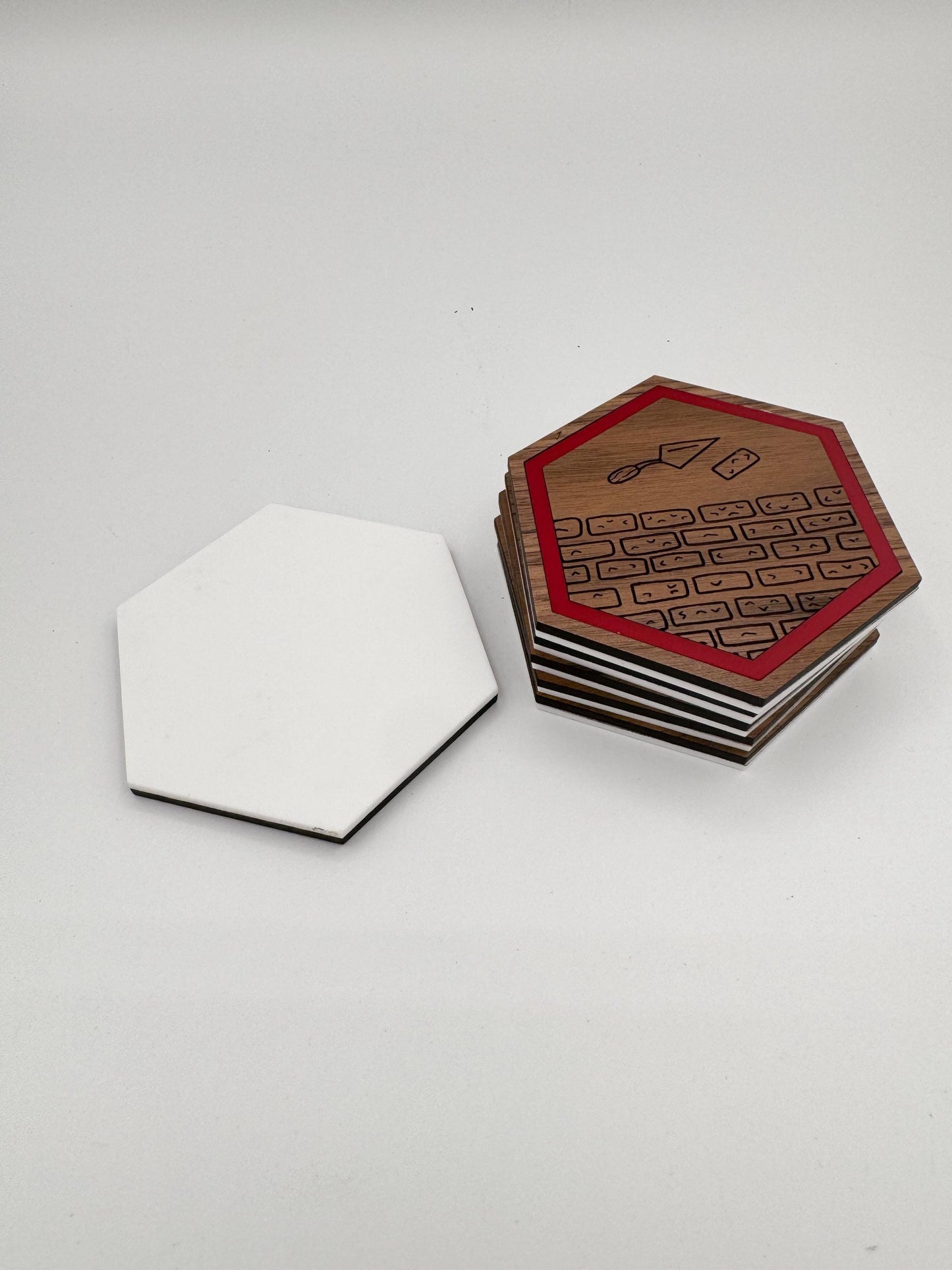 Settlers Resource Game Drink Coaster Set (Four 3.75 inch hexagon, laser cut Walnut plywood and acrylic coasters)