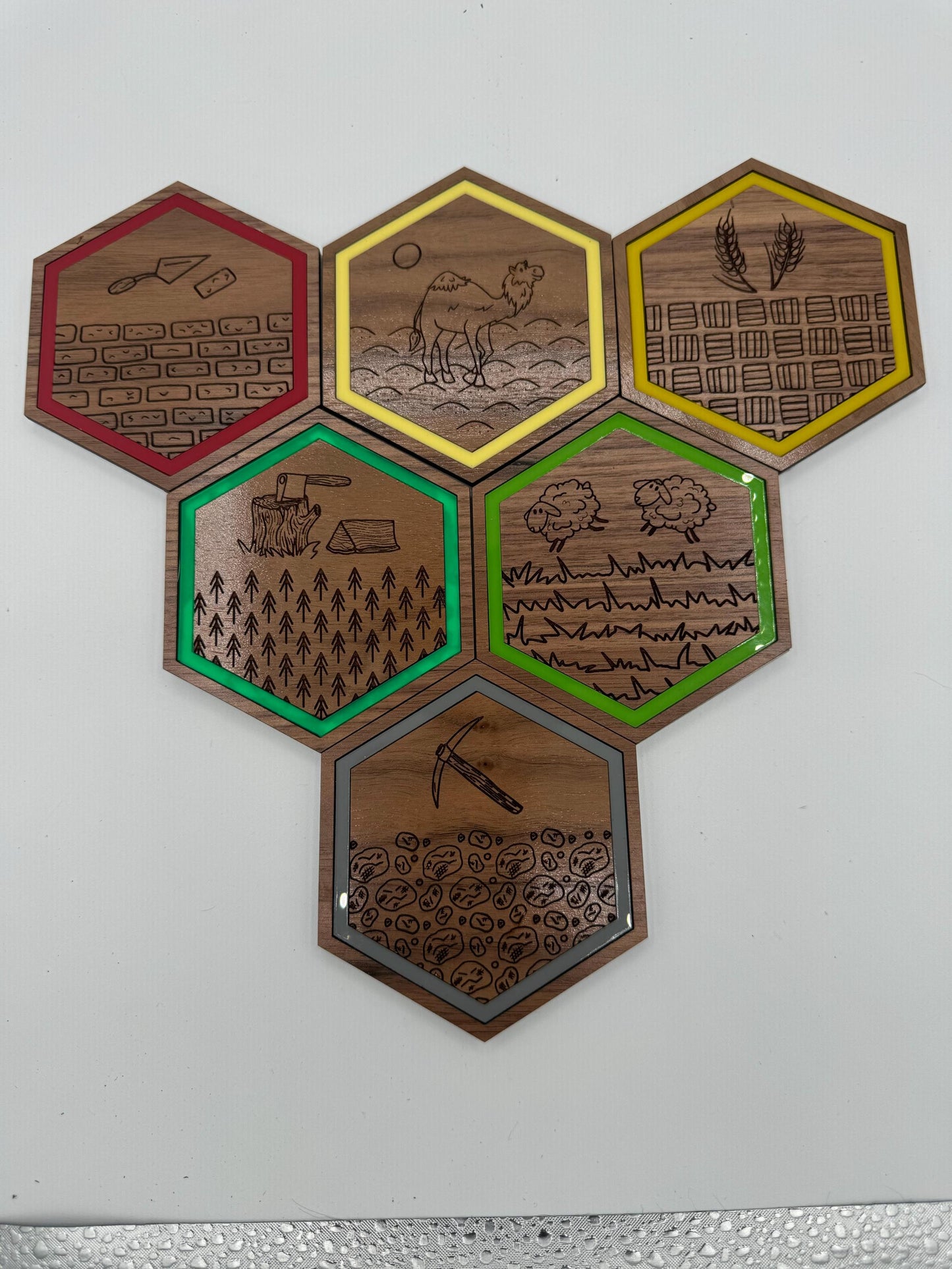 Settlers Resource Game Drink Coaster Set (Four 3.75 inch hexagon, laser cut Walnut plywood and acrylic coasters)