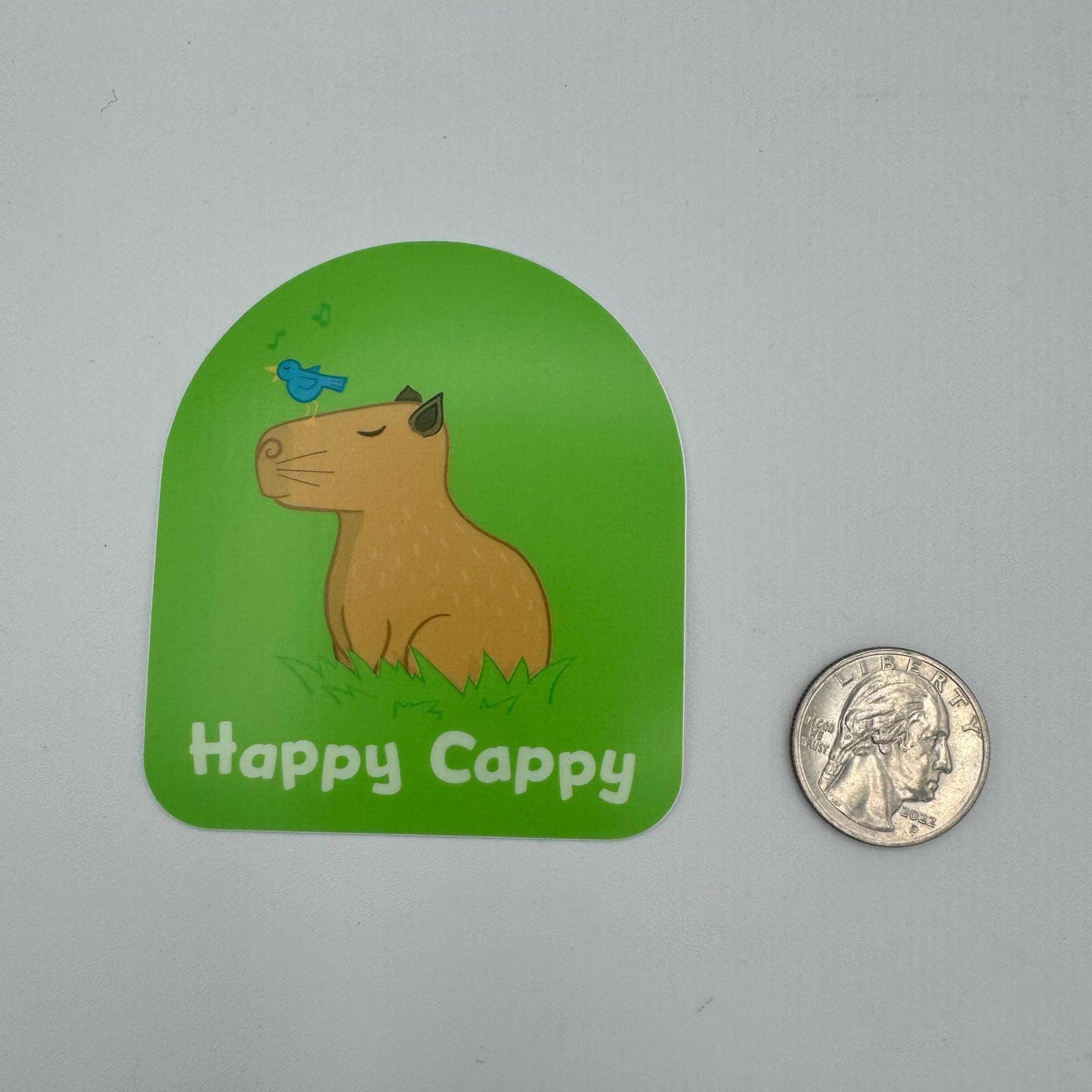 Happy Cappy Vinyl Sticker Decal (2.5 inch × 3 inch) Cute Capybara with bird | for hydroflask water bottle, laptop, car window, small gift