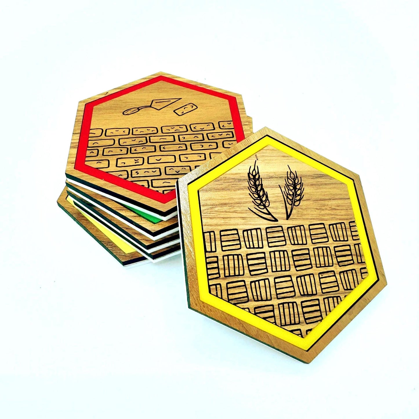 Settlers Resource Game Drink Coaster Set (Four 3.75 inch hexagon, laser cut Walnut plywood and acrylic coasters)