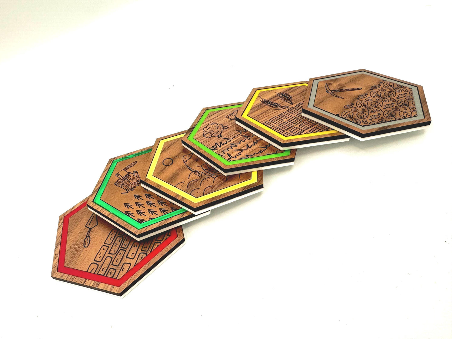 Settlers Resource Game Drink Coaster Set (Four 3.75 inch hexagon, laser cut Walnut plywood and acrylic coasters)