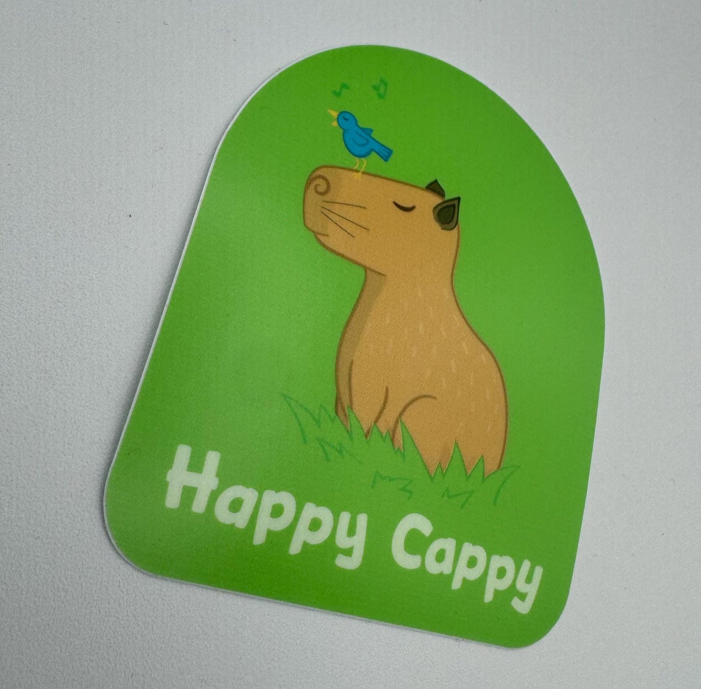 Happy Cappy Vinyl Sticker Decal (2.5 inch × 3 inch) Cute Capybara with bird | for hydroflask water bottle, laptop, car window, small gift