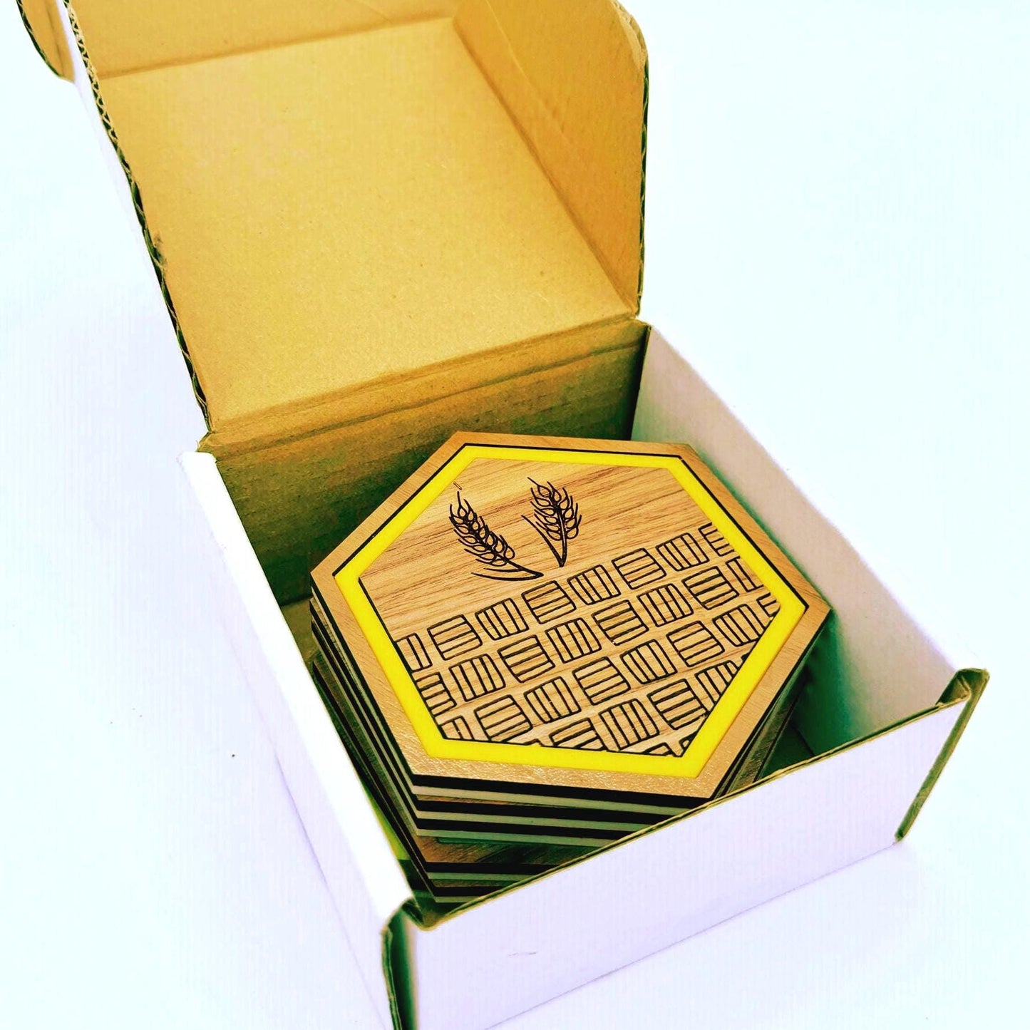 Settlers Resource Game Drink Coaster Set (Four 3.75 inch hexagon, laser cut Walnut plywood and acrylic coasters)