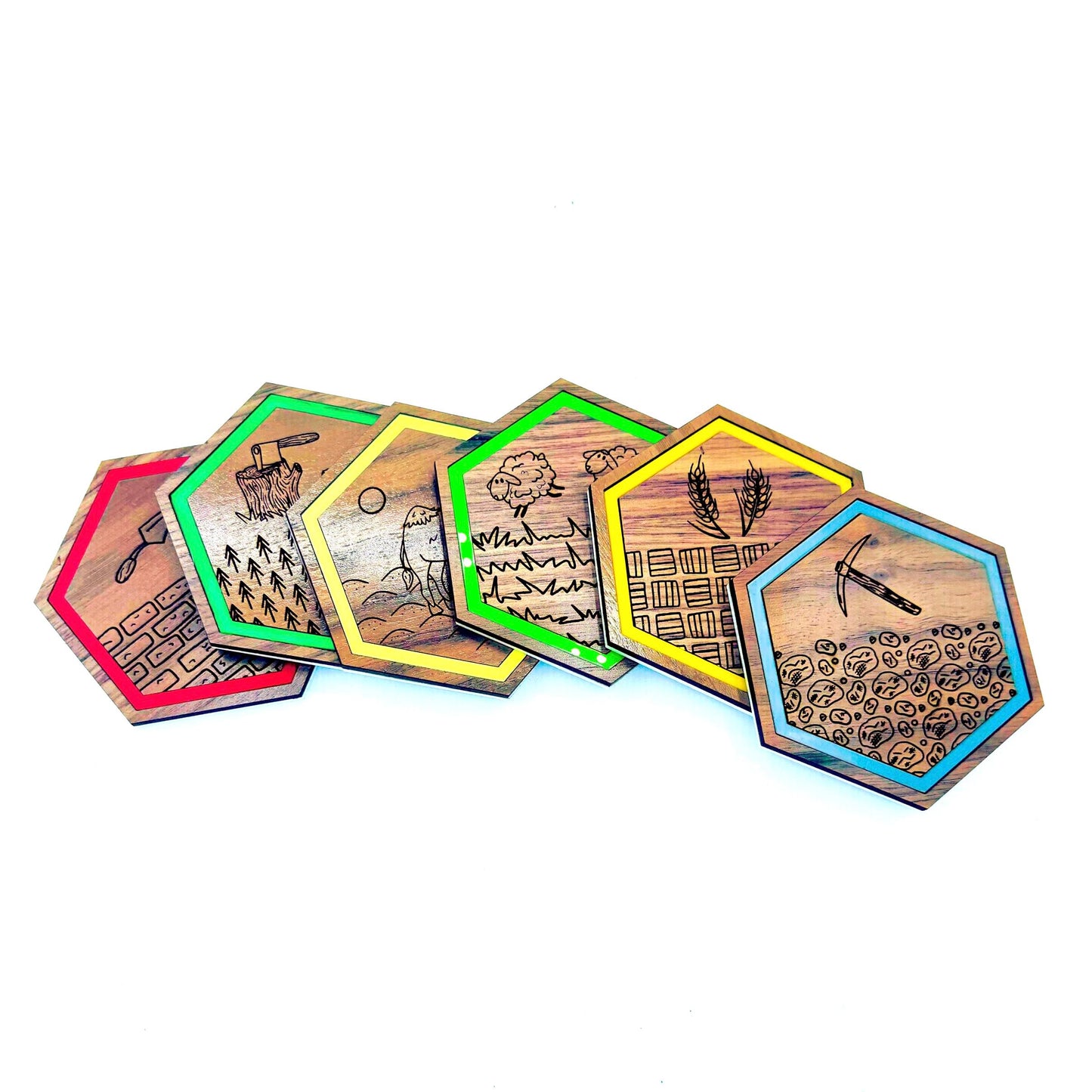 Settlers Resource Game Drink Coaster Set (Four 3.75 inch hexagon, laser cut Walnut plywood and acrylic coasters)